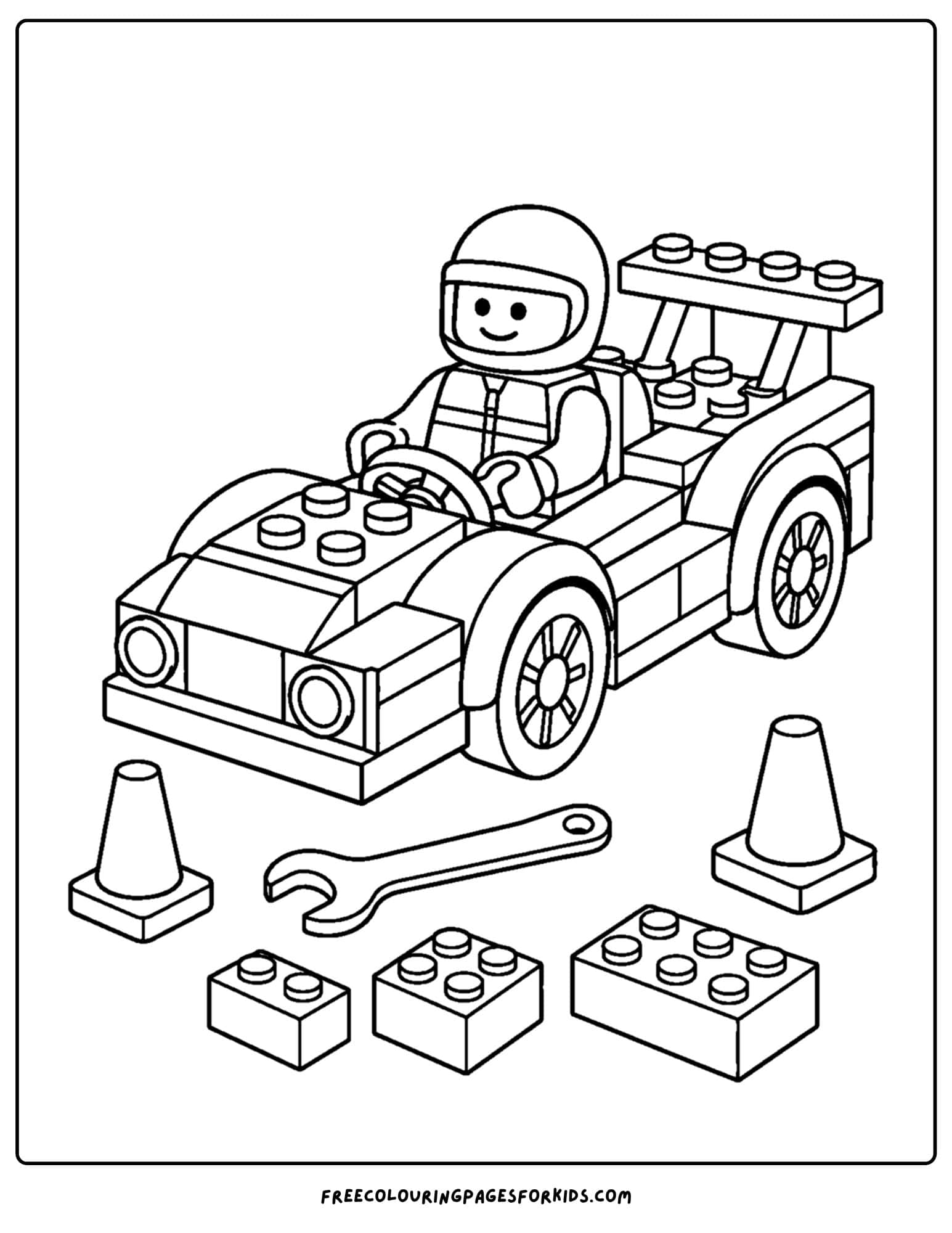 a lego coloring page of a race car and race driver