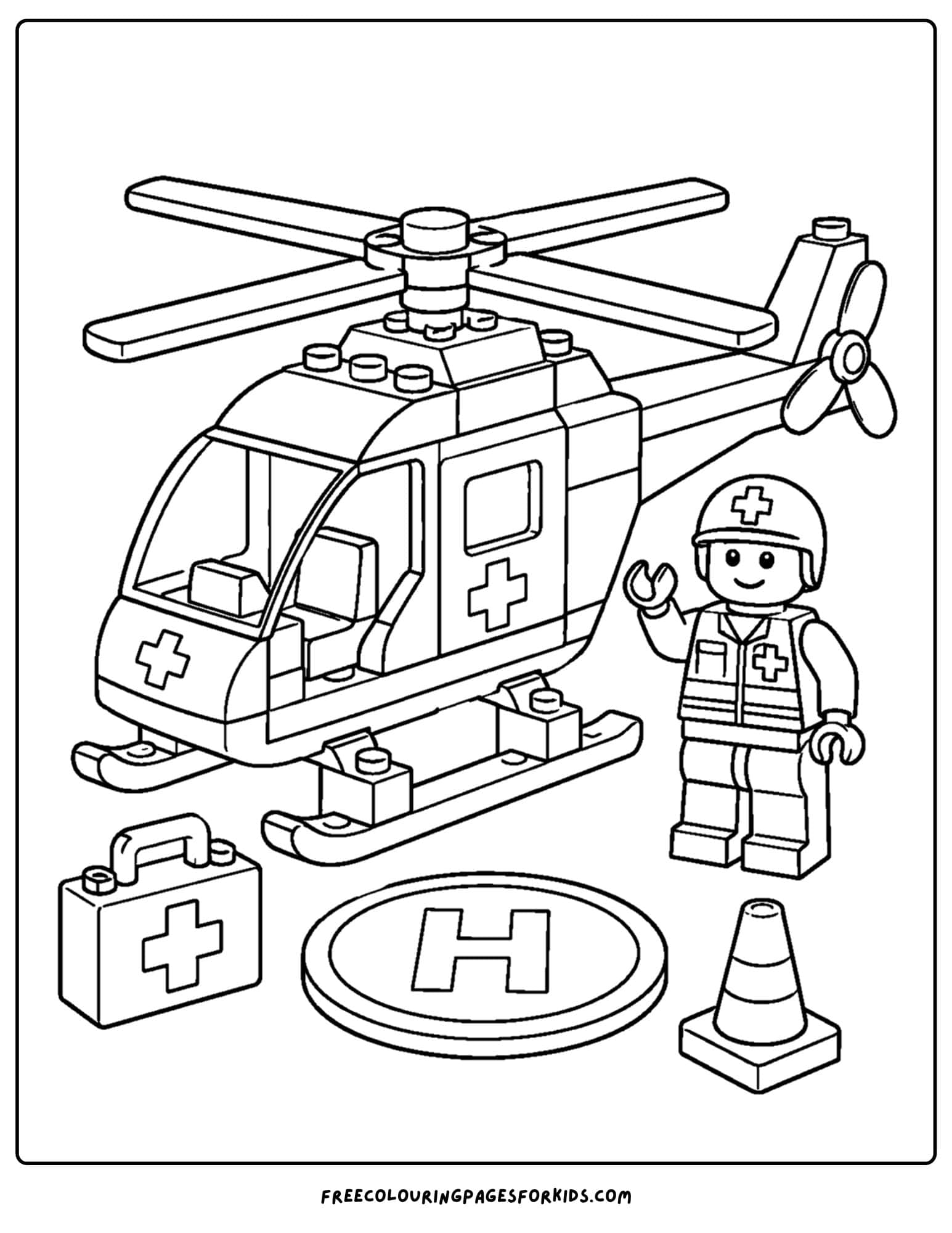 a lego coloring page of a rescue helicopter with pilot