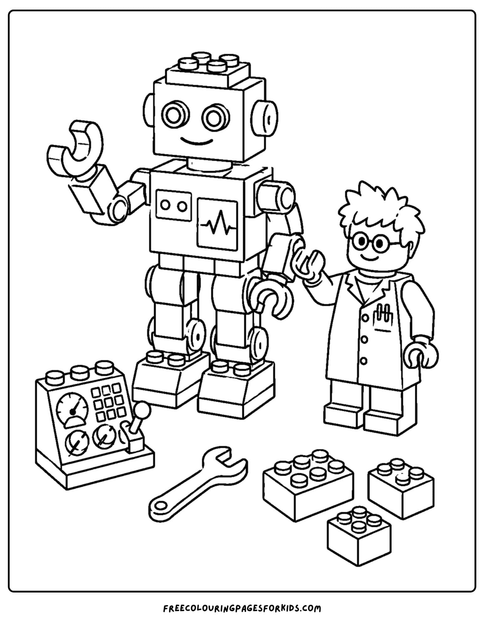 a lego coloring page of a robot and its creator