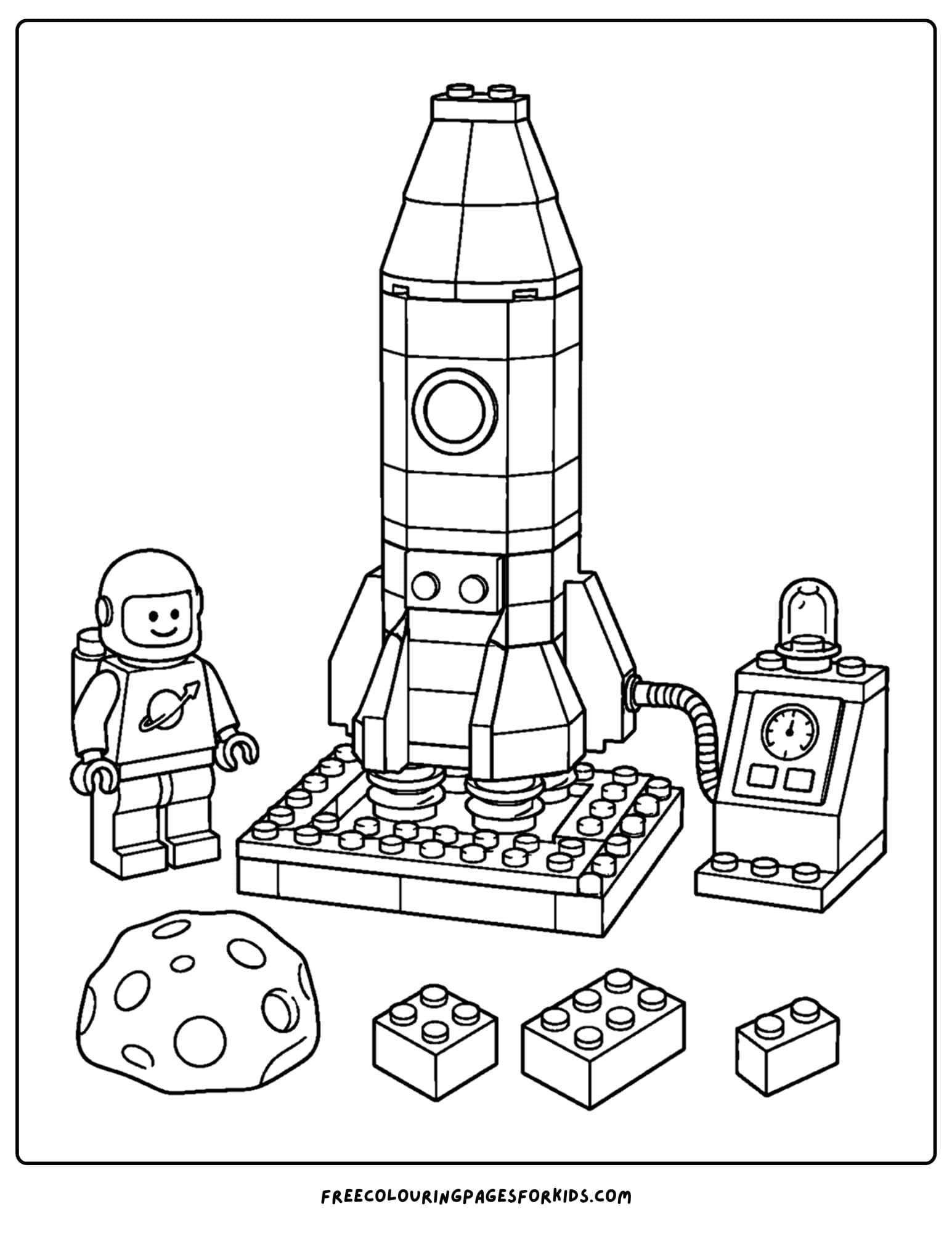 a lego coloring page of a rocket ship and astronaunt