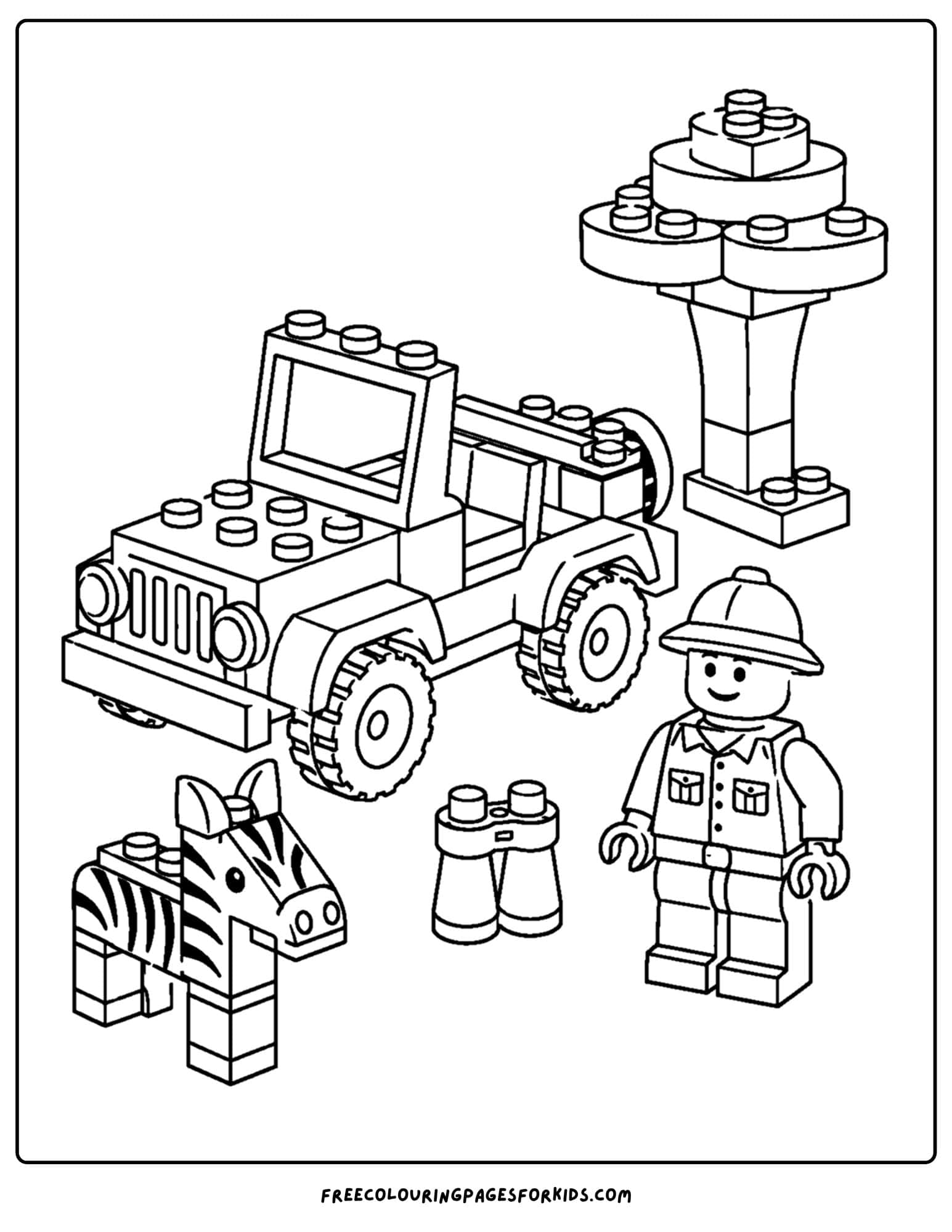 a lego coloring page of a safari jeep with a zebra