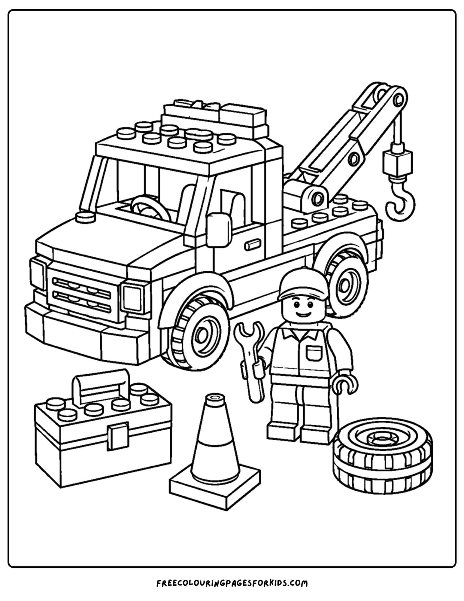 a lego coloring page of a tow truck with driver