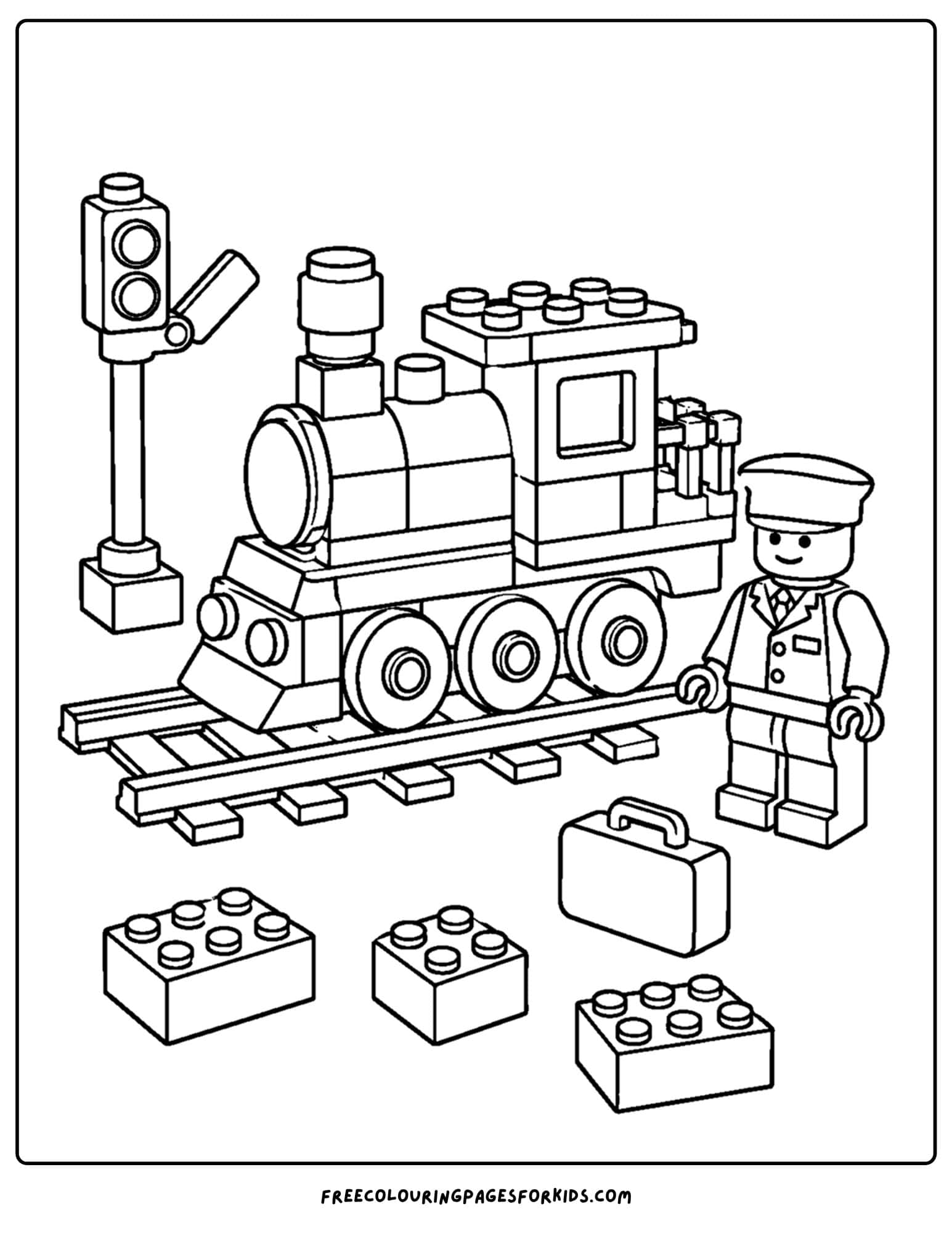 a lego coloring page of a train engine and driver on a track