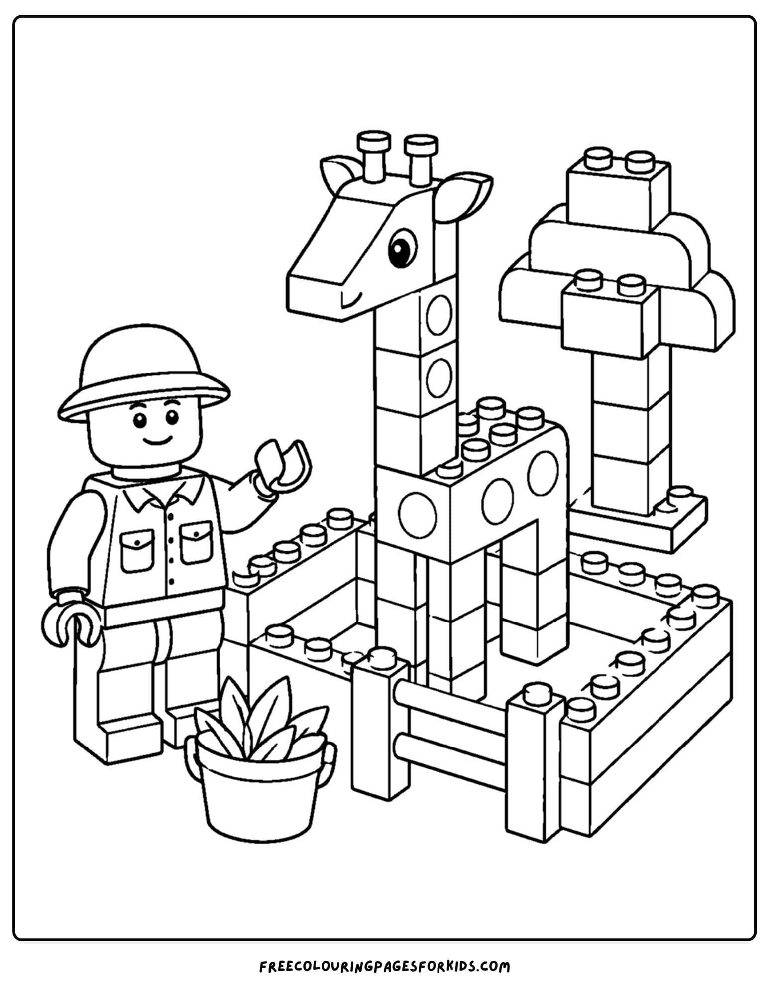 a lego coloring page of a zoo with a giraffe and zoo keeper