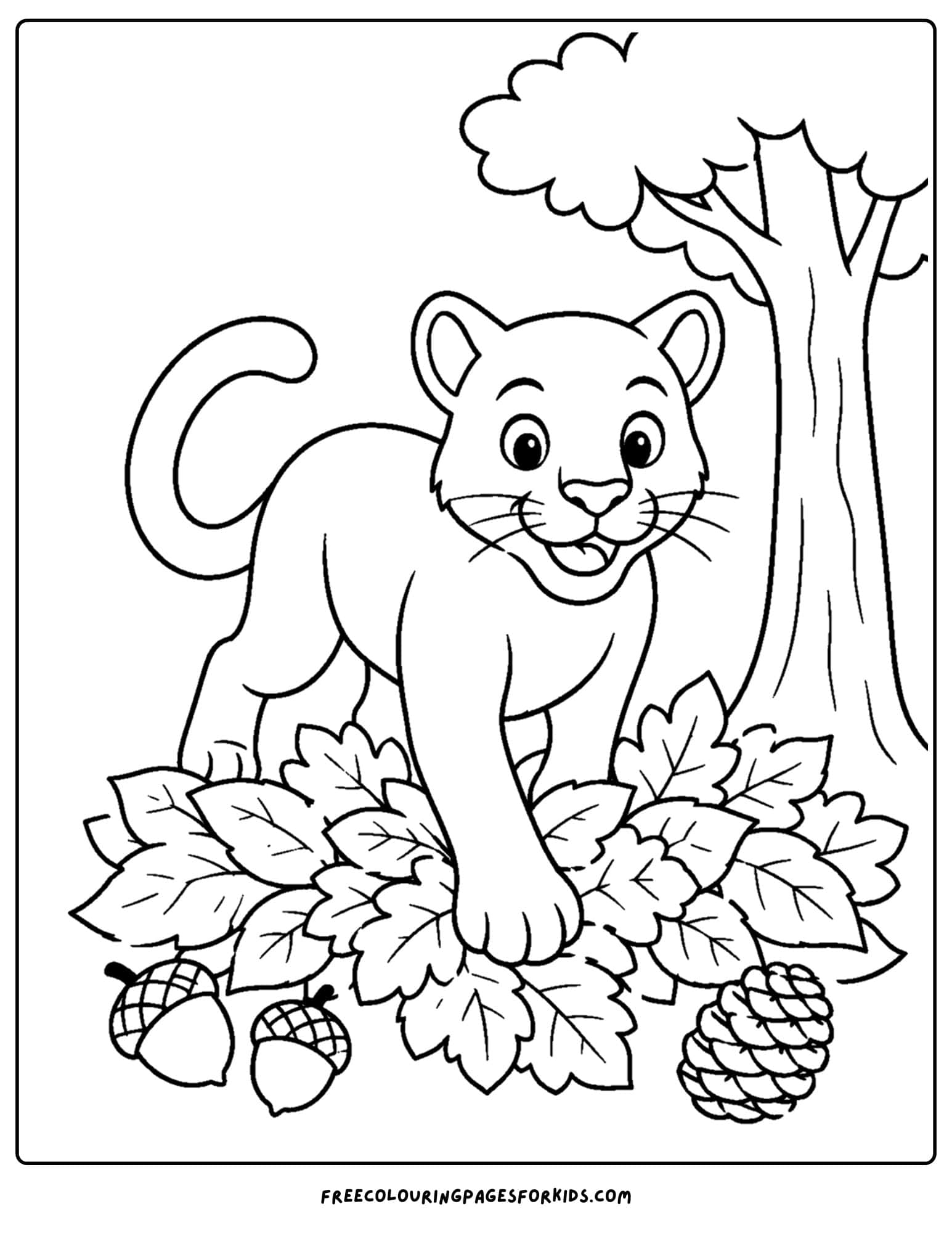 a coloring page of a mountain lion walking on fall leaves