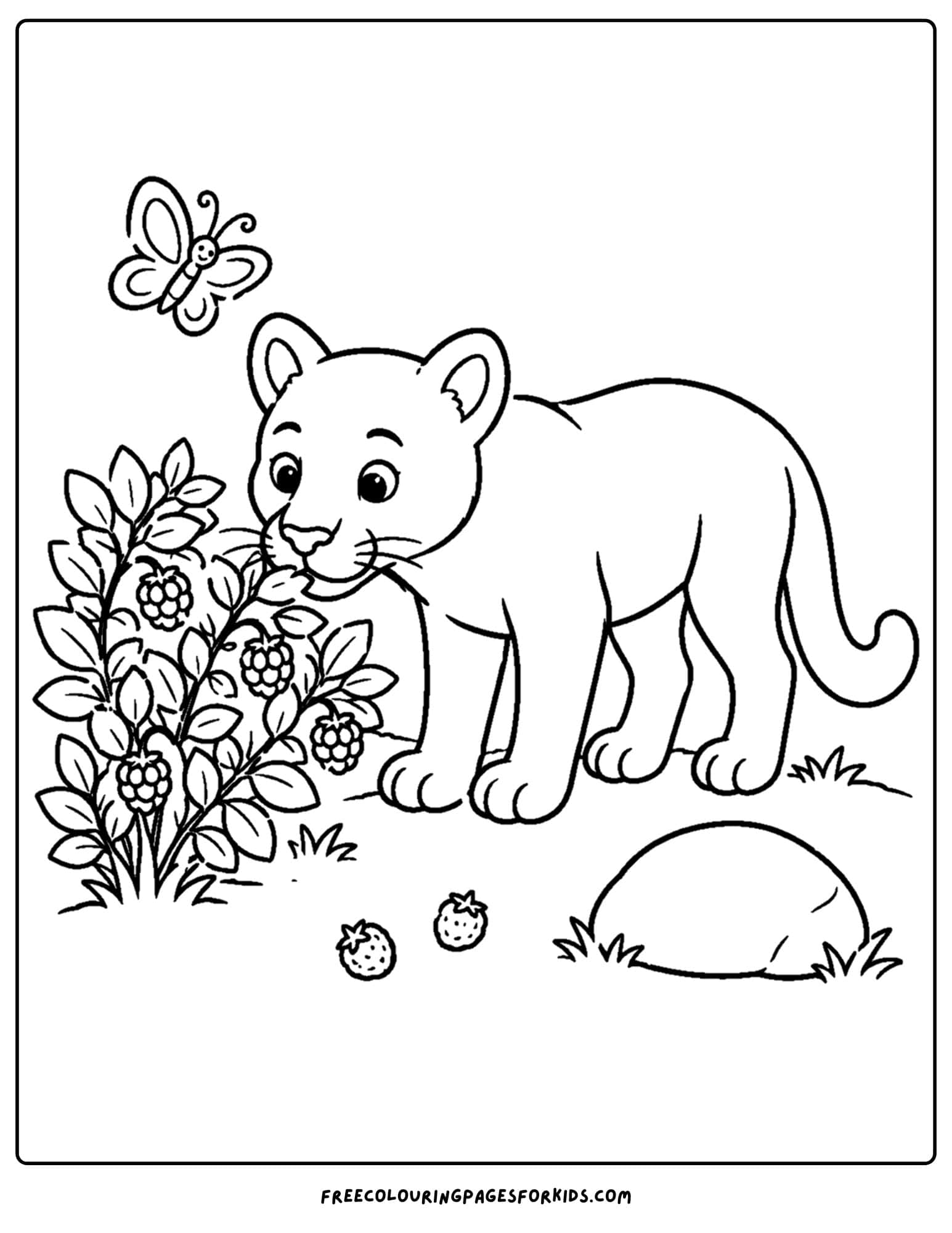 a coloring page of a mountain lion smelling a berry bush