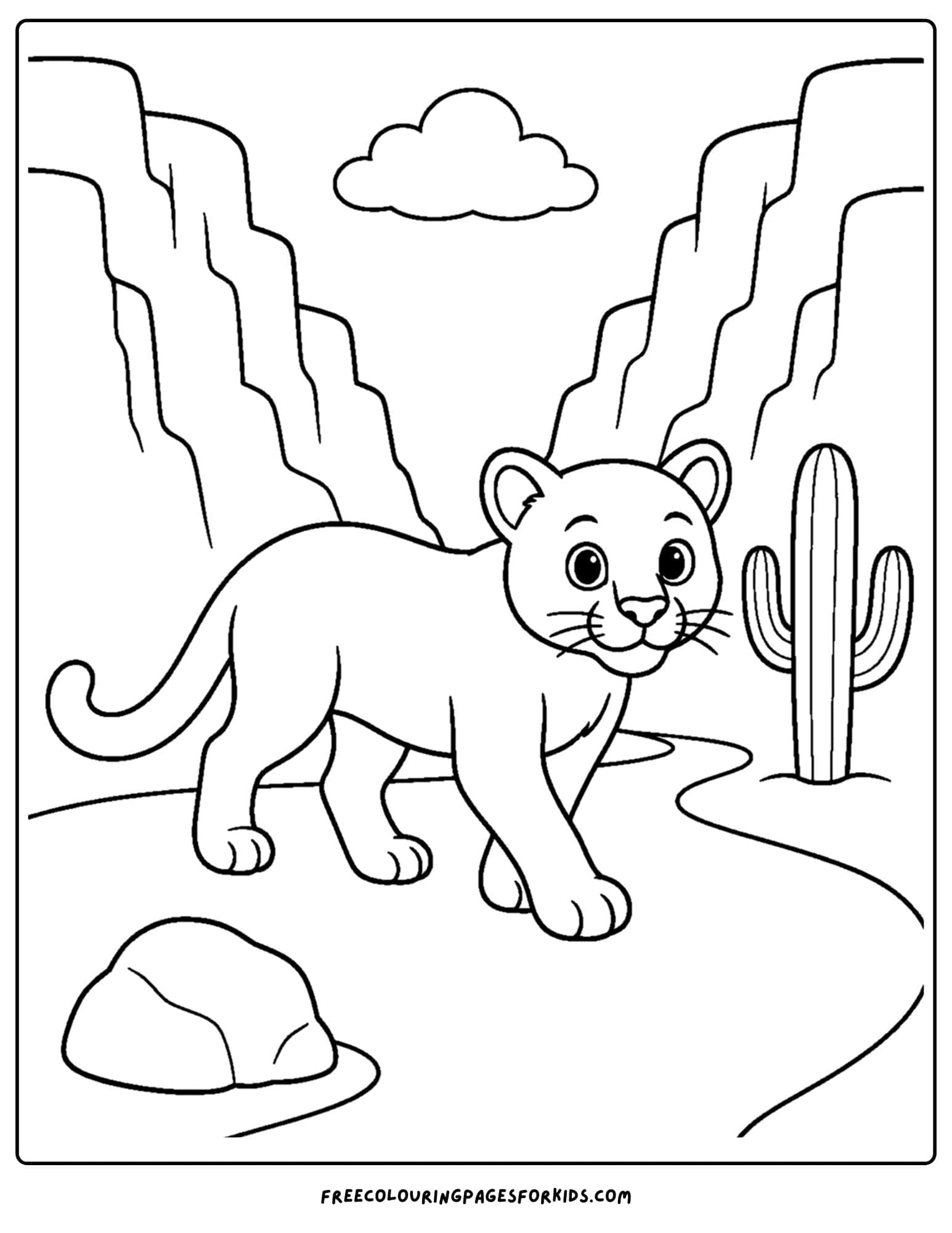 a coloring page of a mountain lion in a canyon