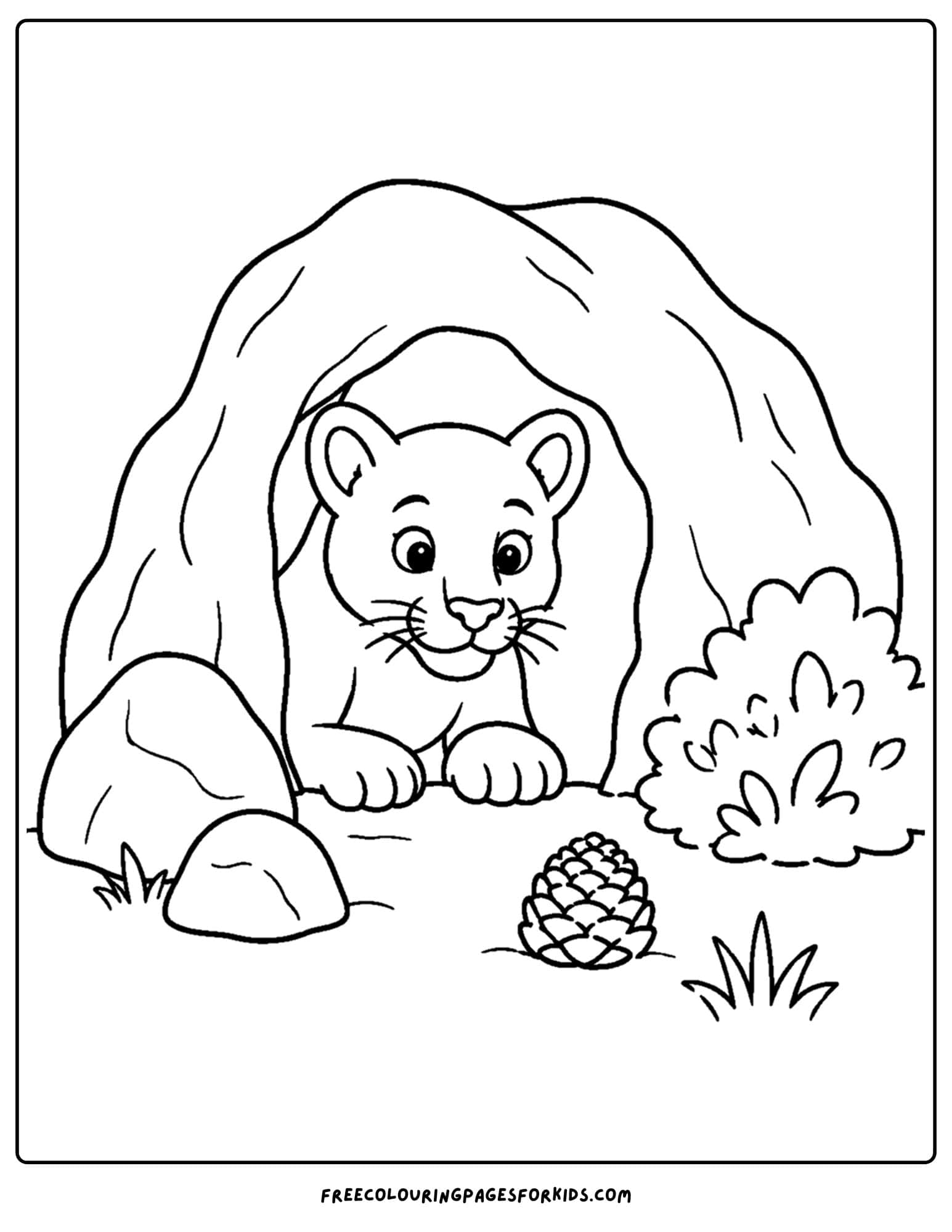a coloring page of a mountain lion appearing in the entrance of a cave