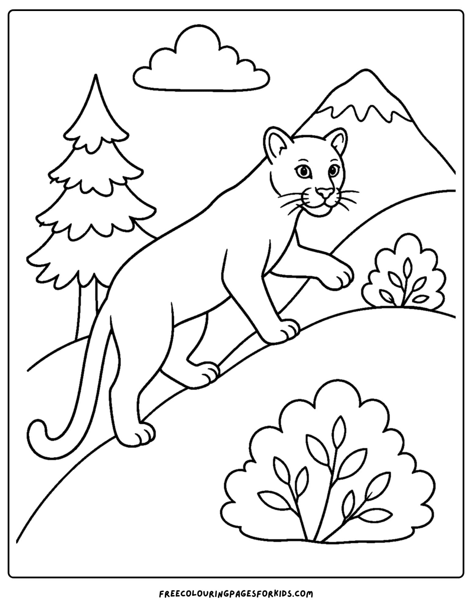 a coloring page of a mountain lion climbing a hillside