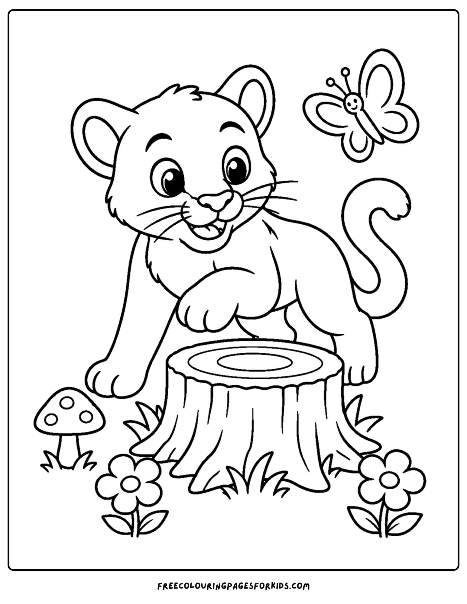 a coloring page of a mountain lion cub exploring