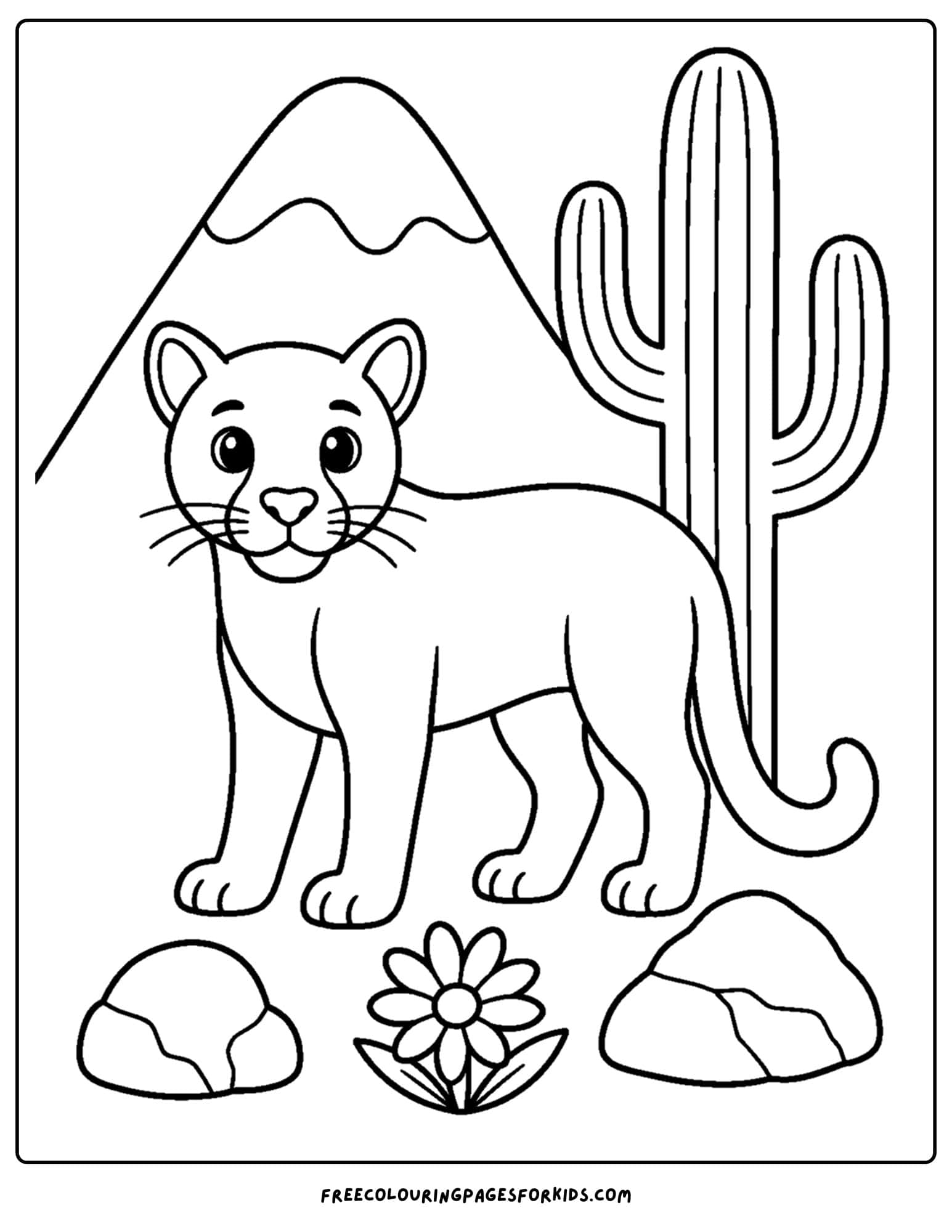 a coloring page of a mountain lion beside a cactus