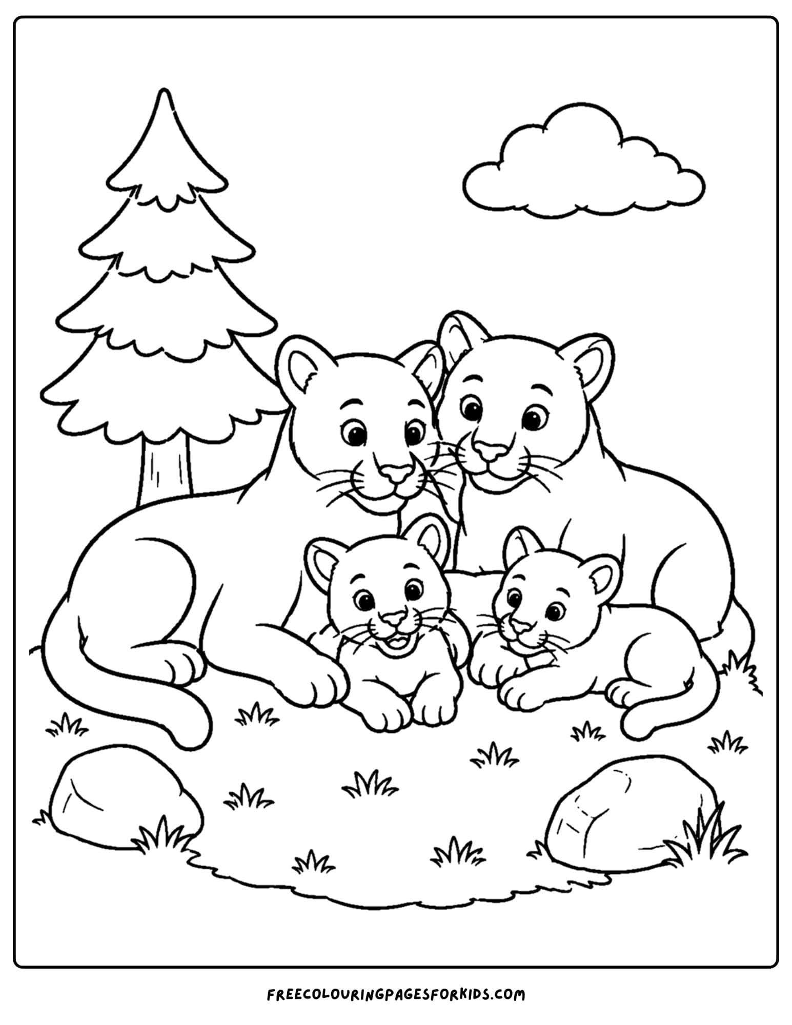 a coloring page of a mountain lion family together