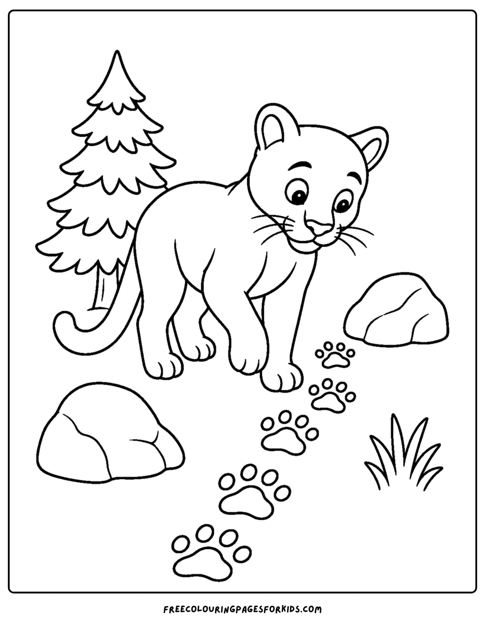 a coloring page of a mountain lion following some paw prints on the ground