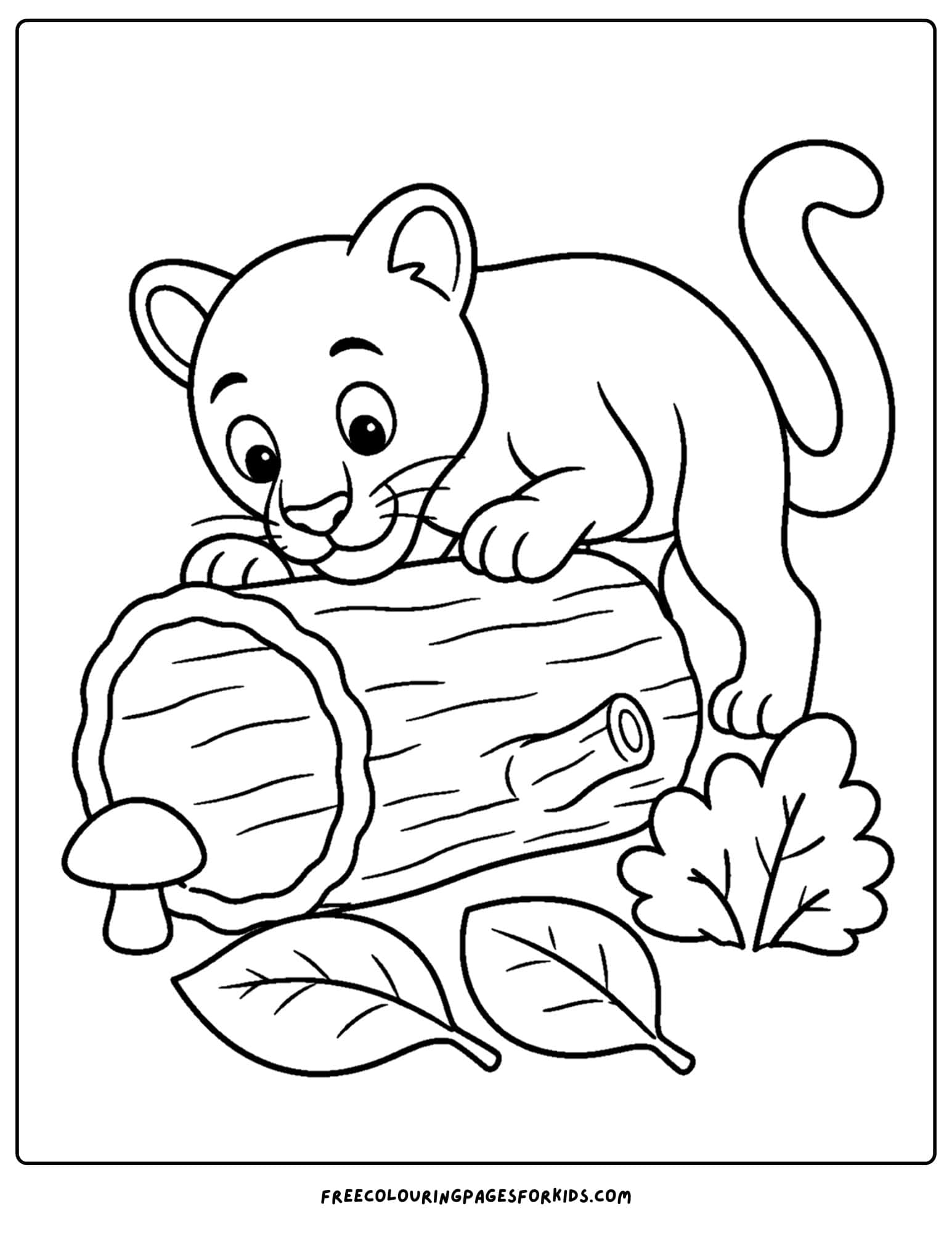 a coloring page of a mountain lion on a hollow log