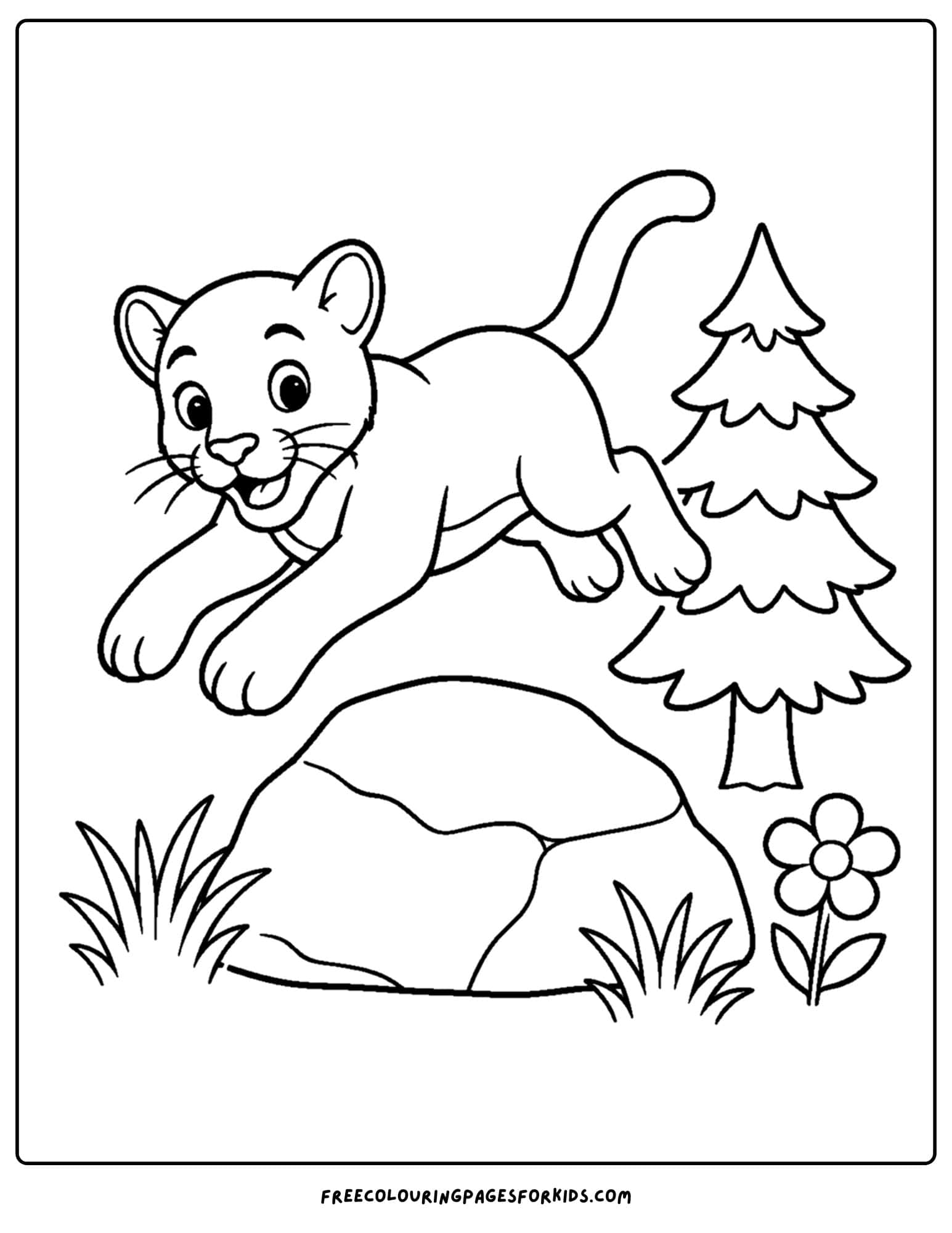 a coloring page of a mountain lion jumping over a rock