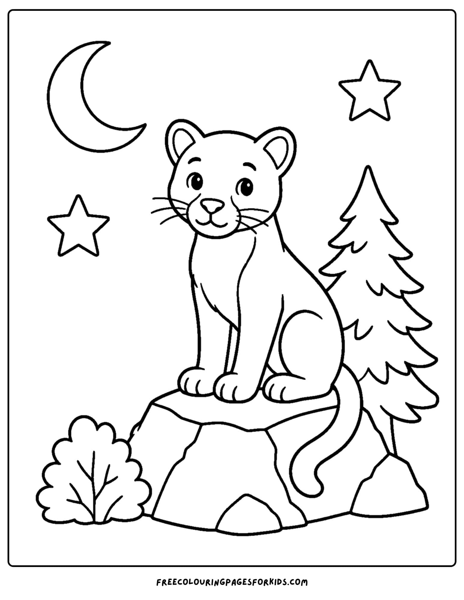 a coloring page of a mountain lion on a rock under the moonlight