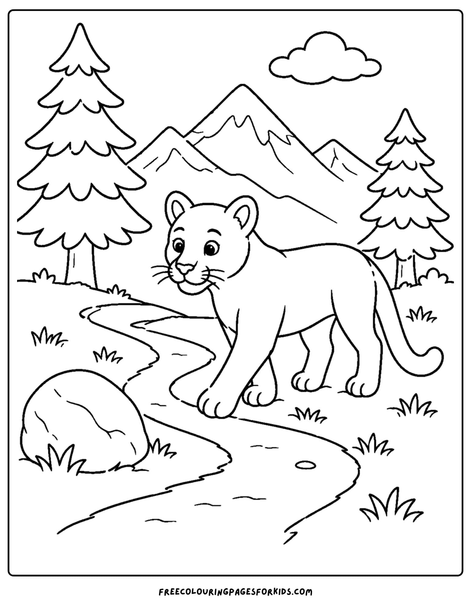 a coloring page of a mountain lion walking a trail in the mountains