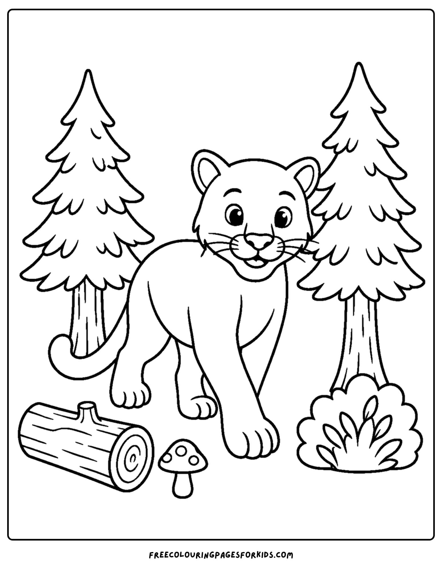 a coloring page of a mountain lion walking between trees
