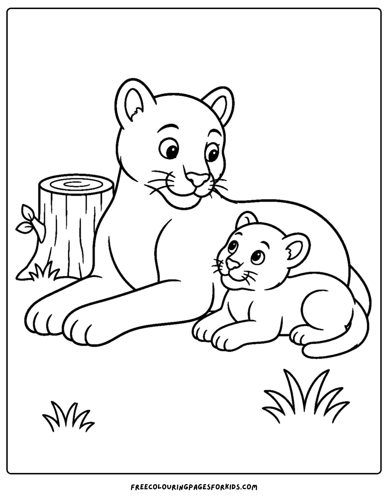 a coloring page of a mountain lion resting with a cub
