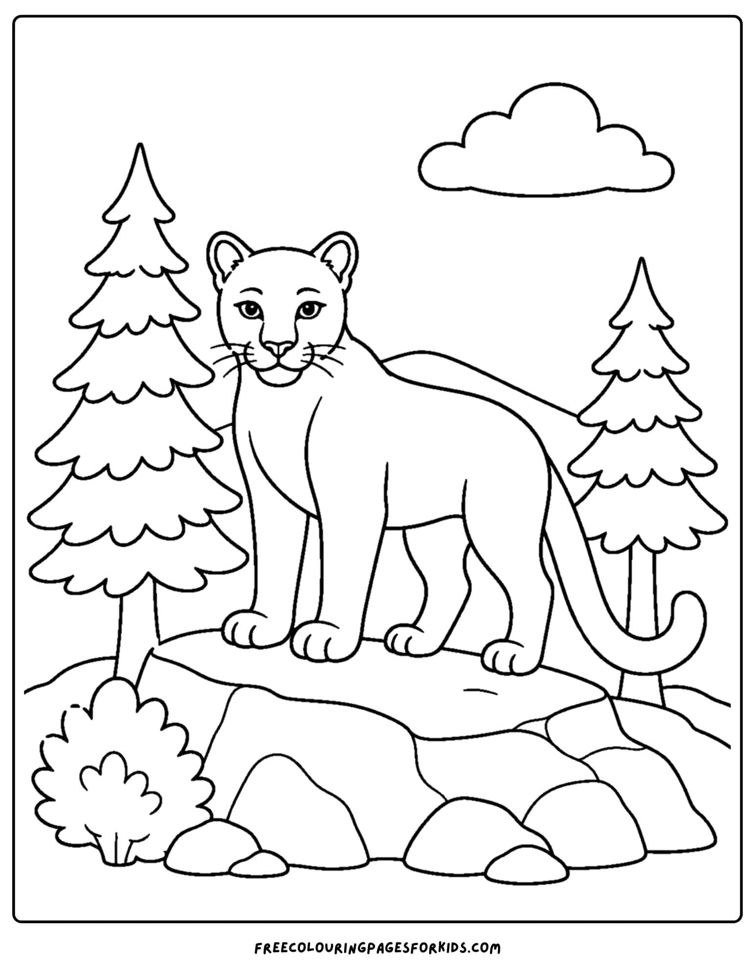 a coloring page of a mountain lion on a rocky ledge