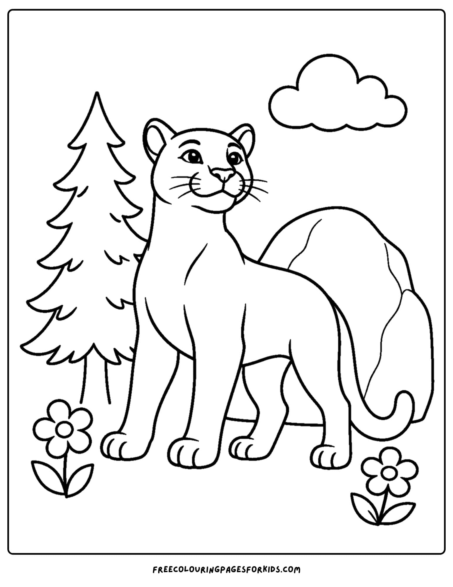 a coloring page of a mountain lion standing in front of a big bolder