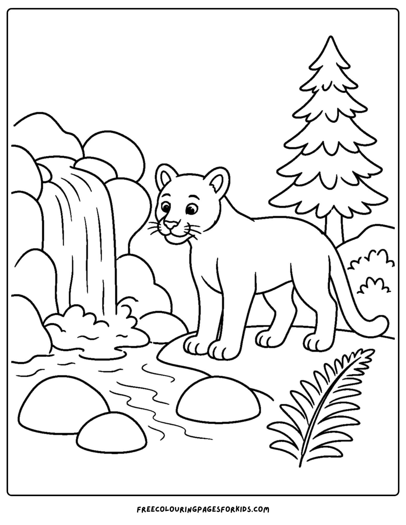 a coloring page of a mountain lion standing by a waterfall
