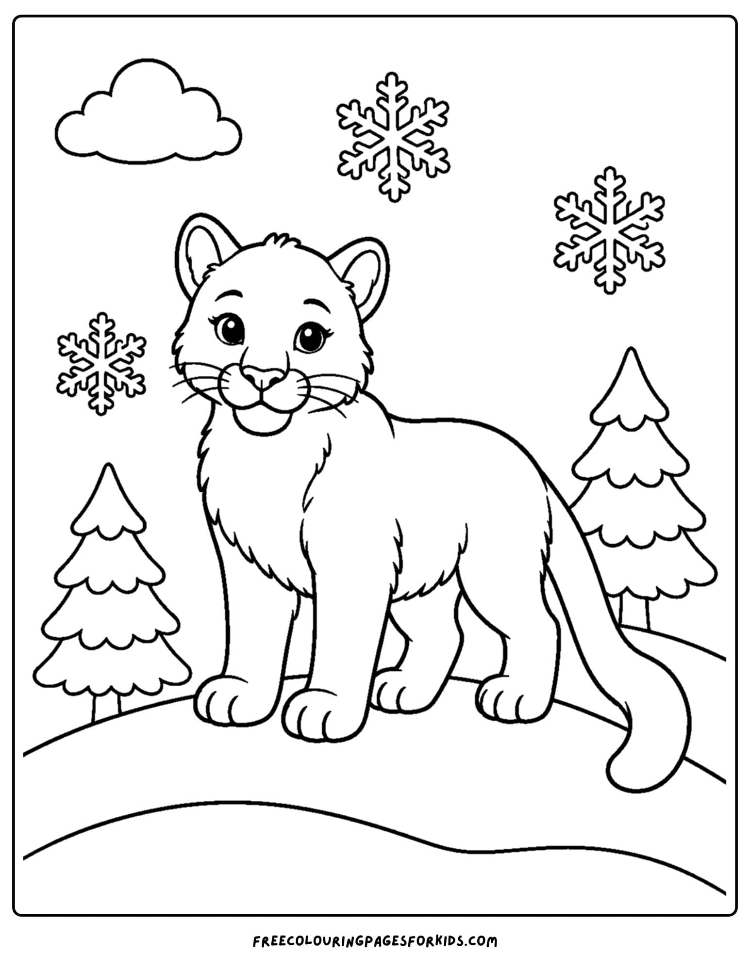 a coloring page of a mountain lion on a snowy hill