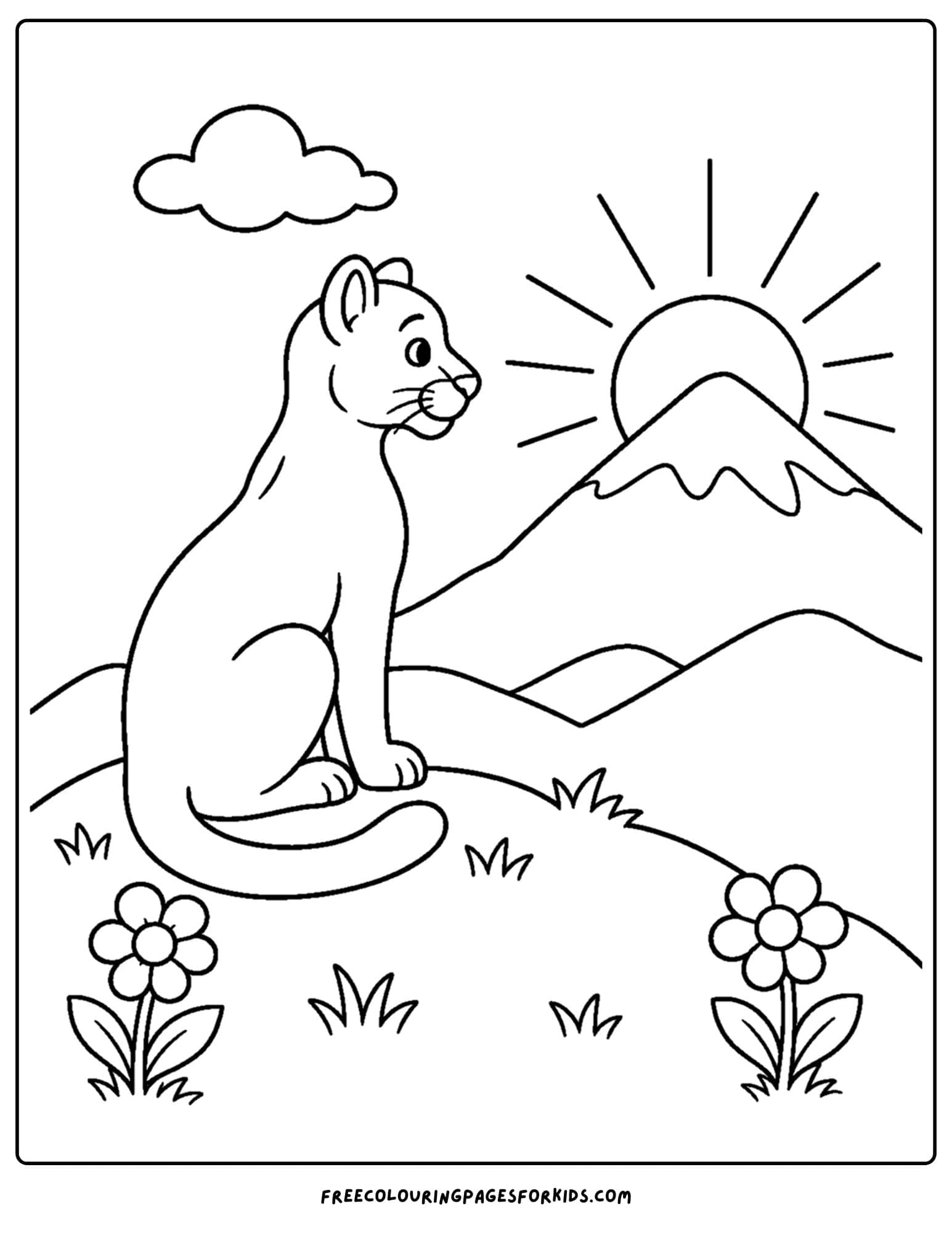 a coloring page of a mountain lion sitting watching the sunrise