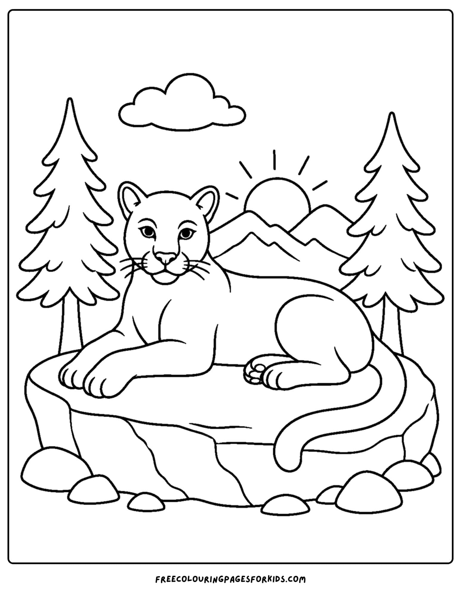a coloring page of a mountain lion relaxing on a big rock