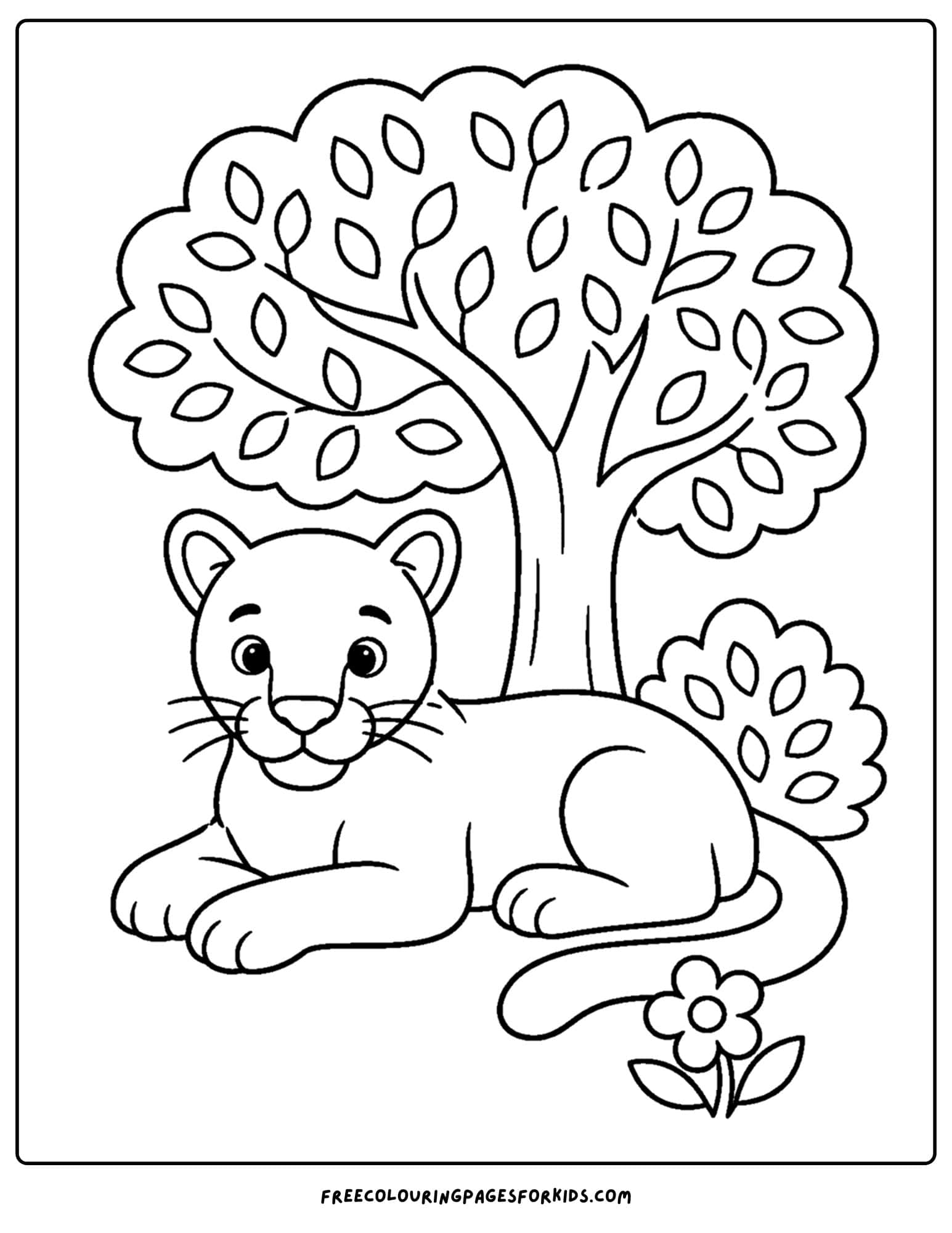 a coloring page of a mountain lion resting under a tree