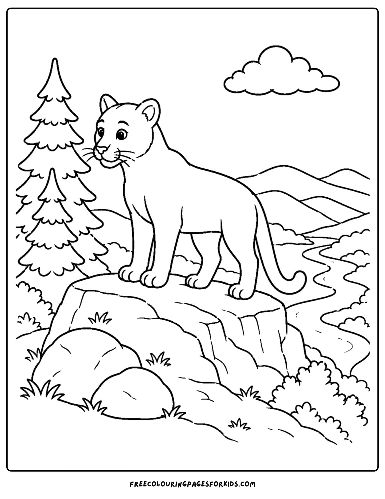 a coloring page of a mountain lion overlooking a valley