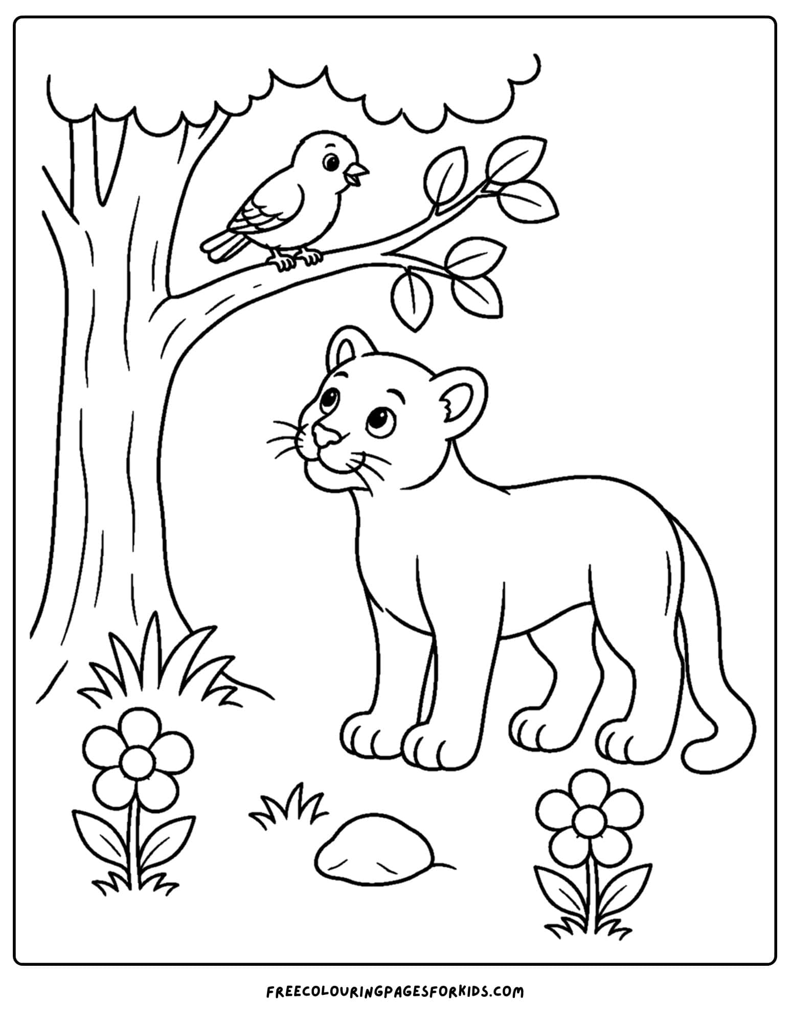 a coloring page of a mountain lion looking up at a bird in a tree