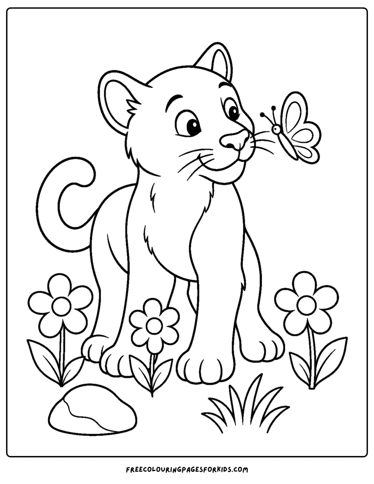a coloring page of a mountain lion looking at a butterfly