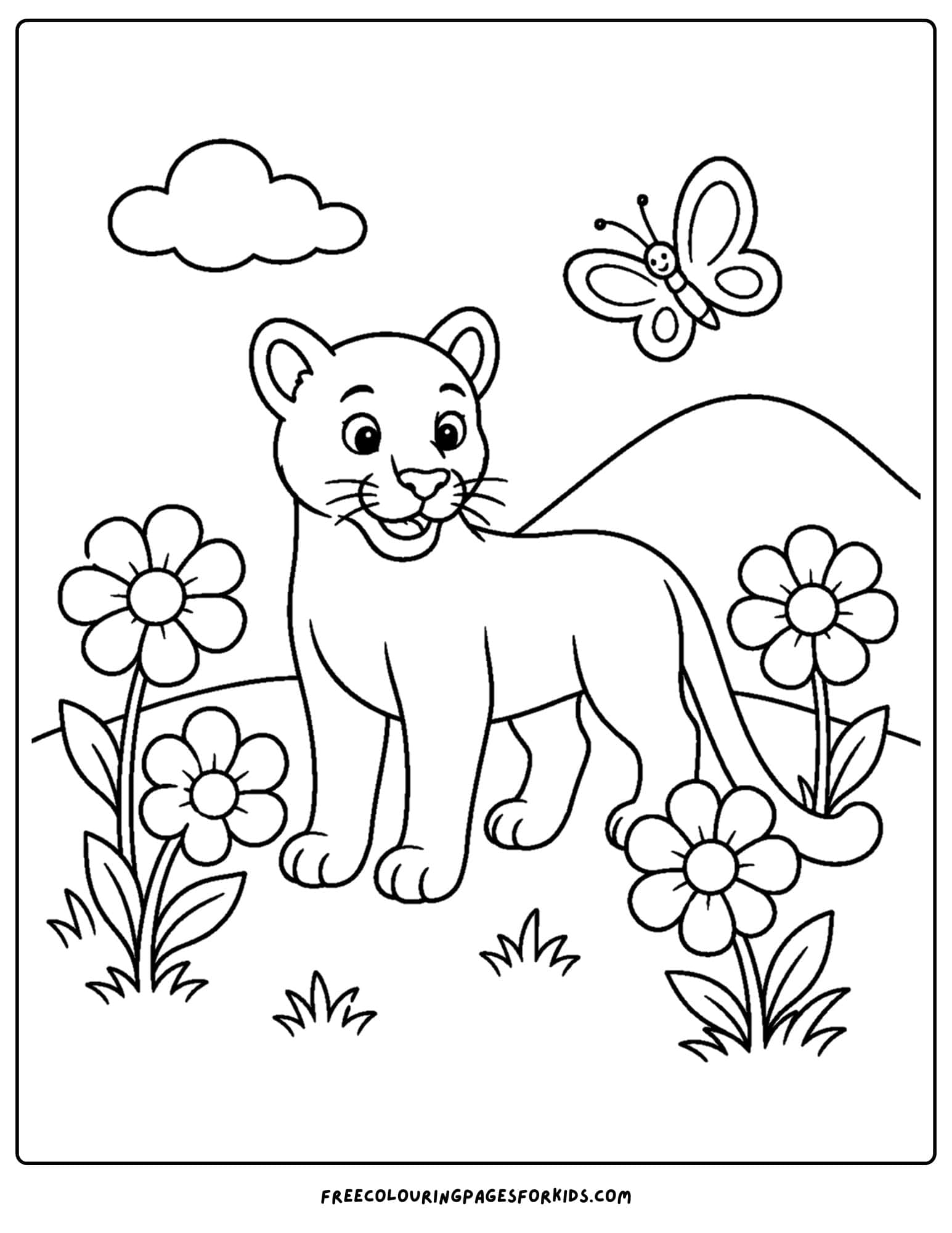 a coloring page of a mountain lion in a meadow of wildflowers