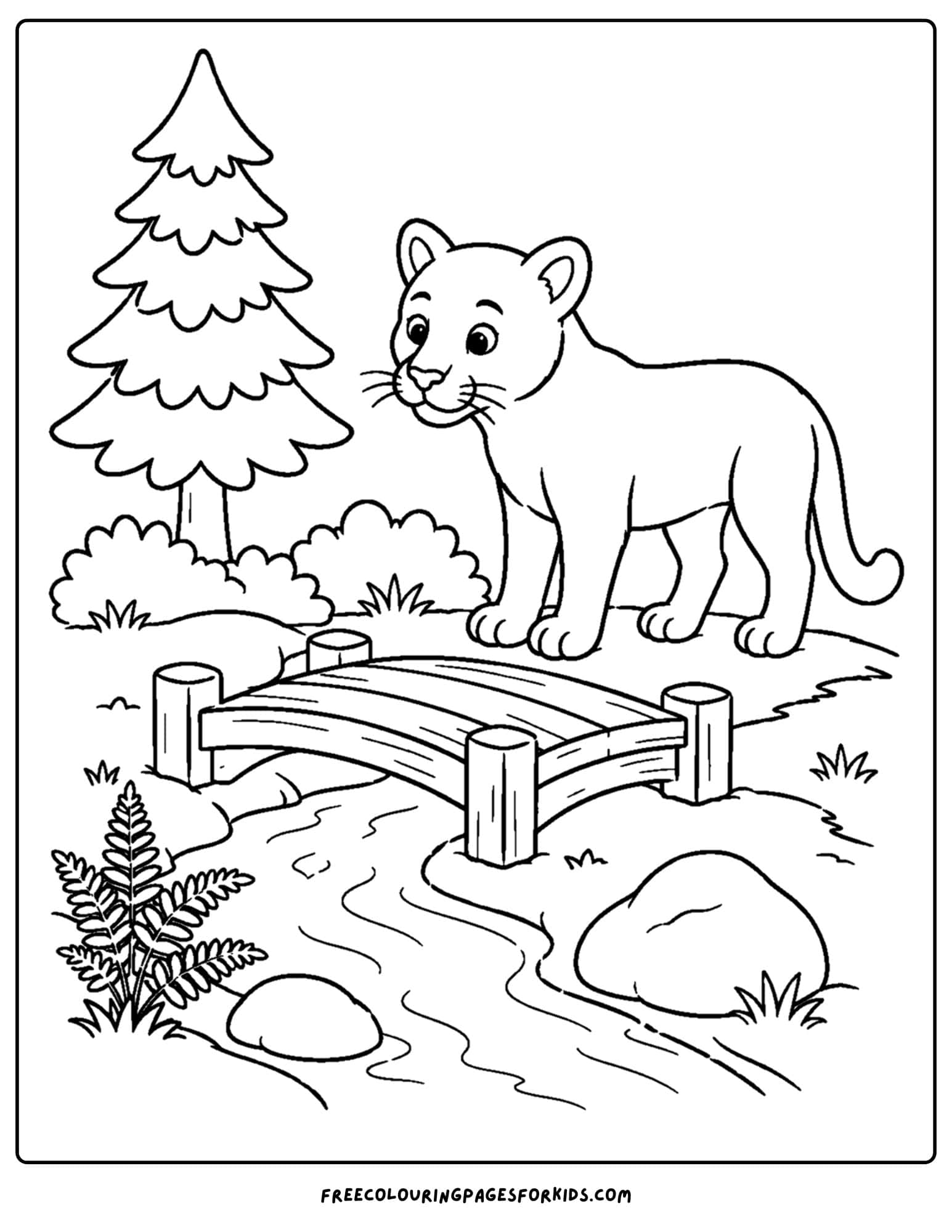 a coloring page of a mountain lion about to walk over a bridge over a stream