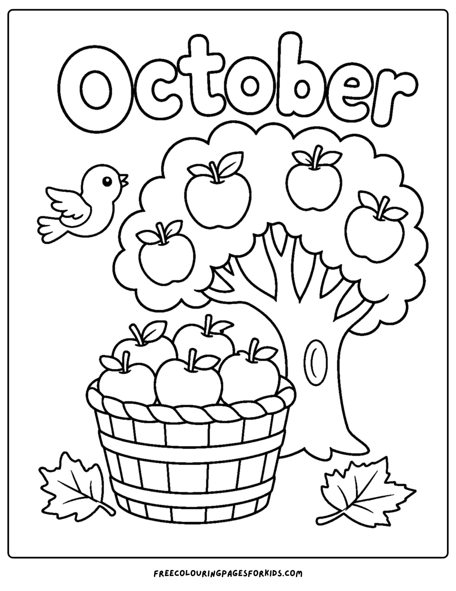 an october themed coloring page showing an apple tree with a basket of apples