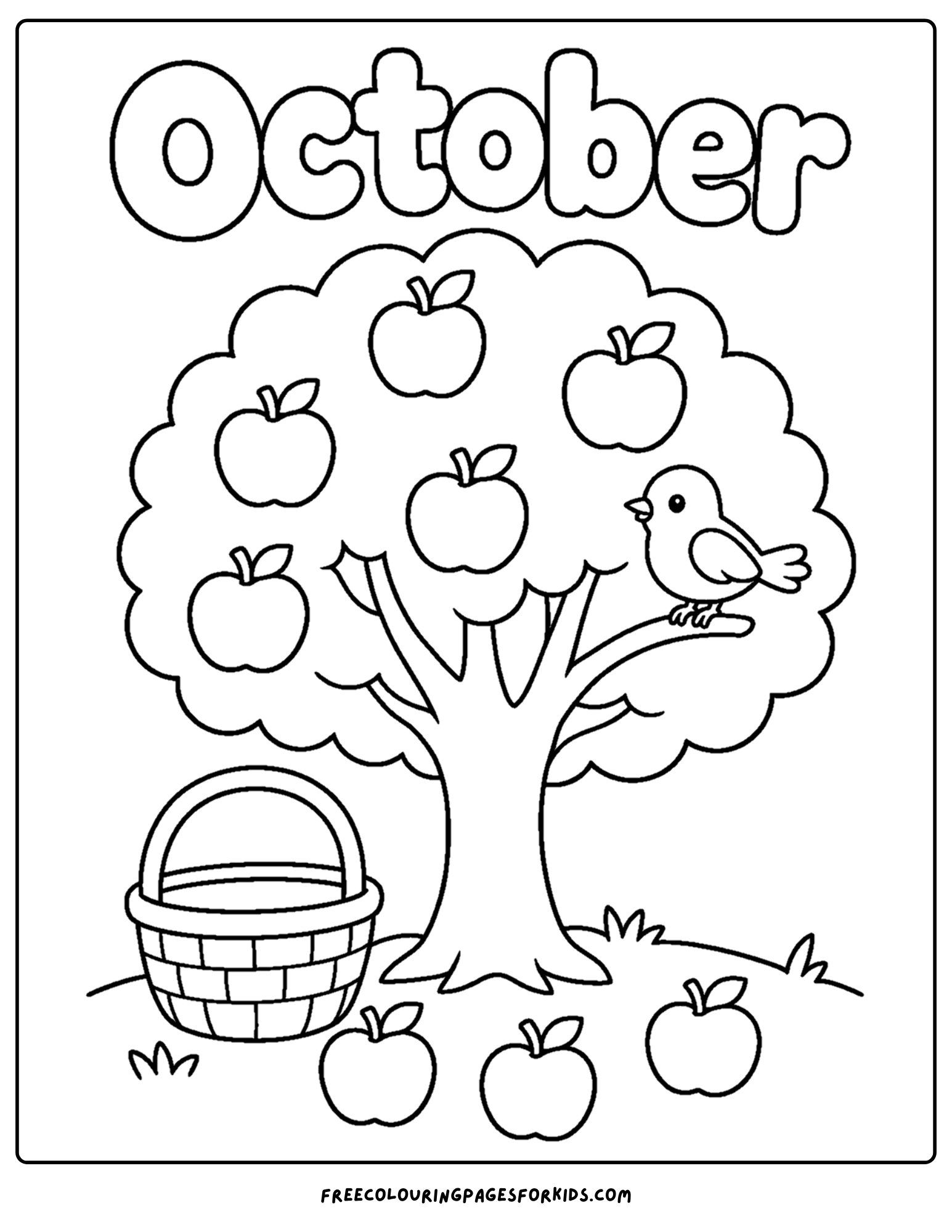 an october themed coloring page showing an apple tree with fallen apples on the ground