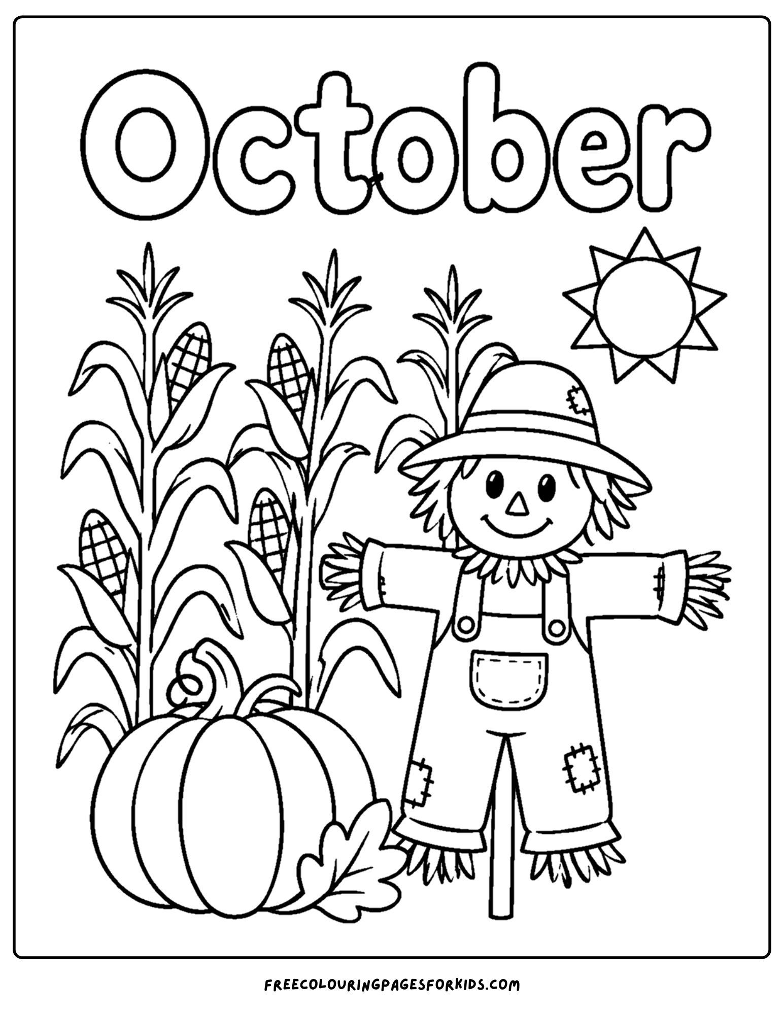 an october themed coloring page showing a scarecrow in a cornfield