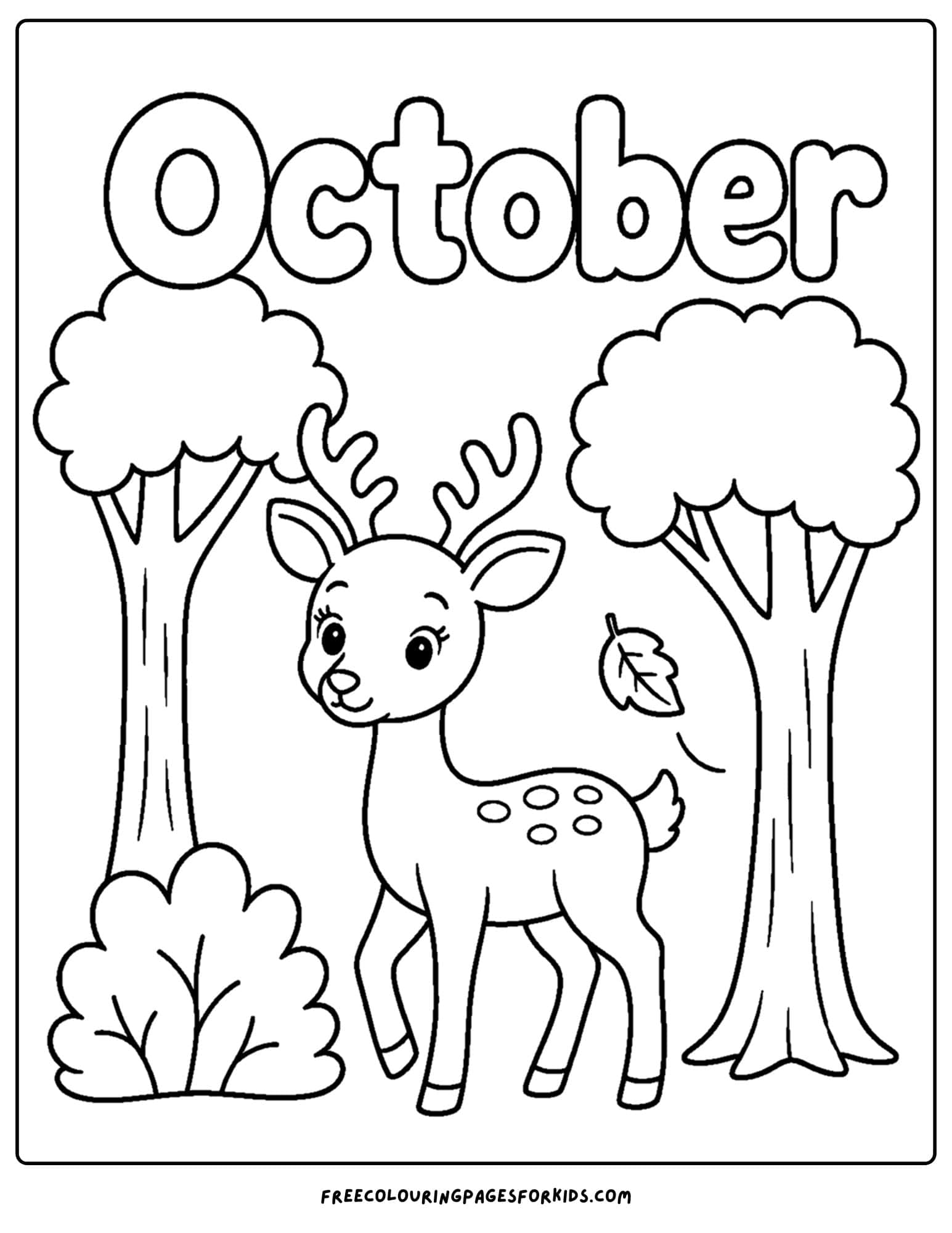 an october themed coloring page showing a deer standing amongst some trees