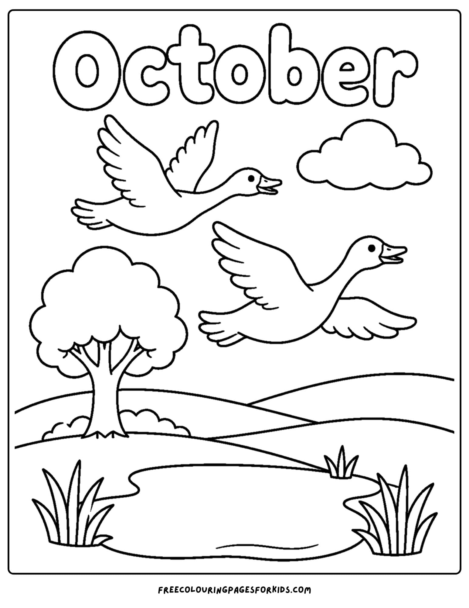 an october themed coloring page showing two geese flying over a landscape scene
