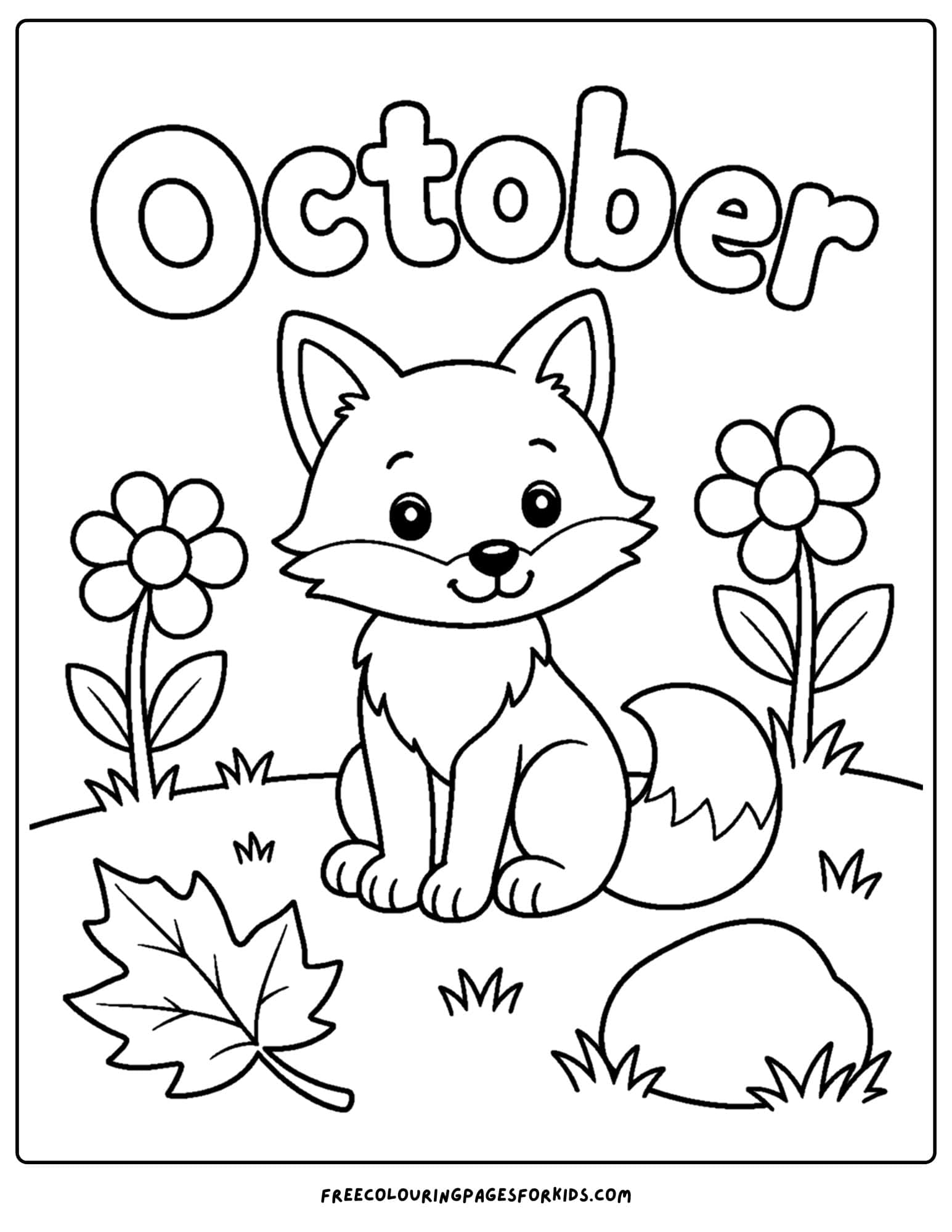 an october themed coloring page showing a fox in a meadow