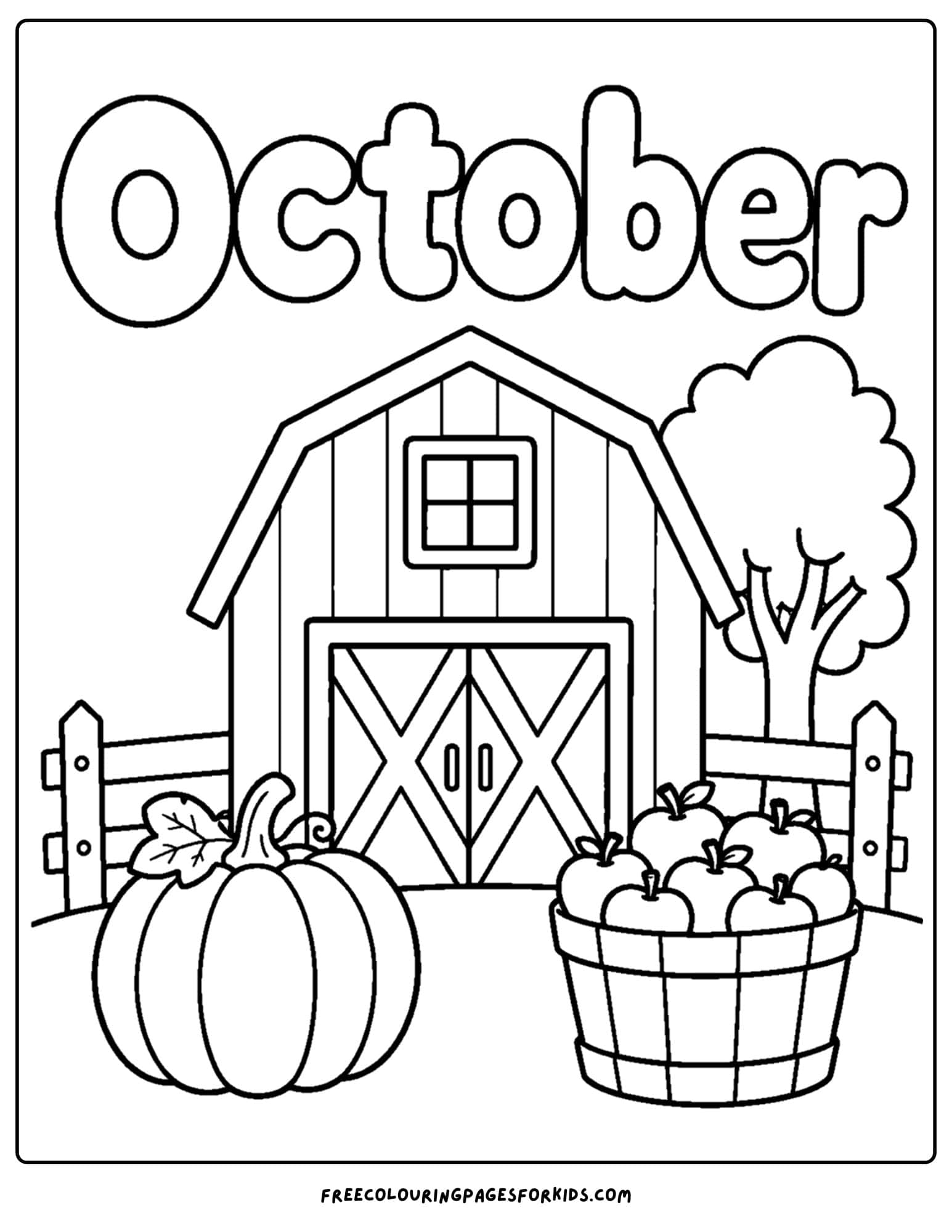 an october themed coloring page showing a harvest barn with a pumpkin and bucket of fruit