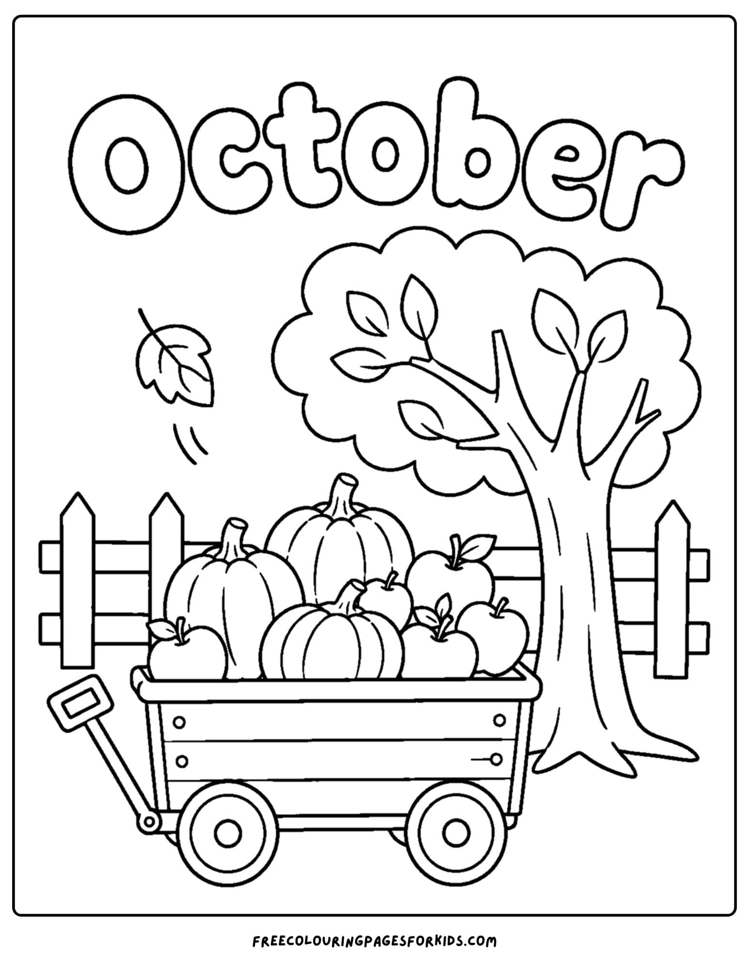 an october themed coloring page showing a wagon full of harvested pumpkins beside a tree