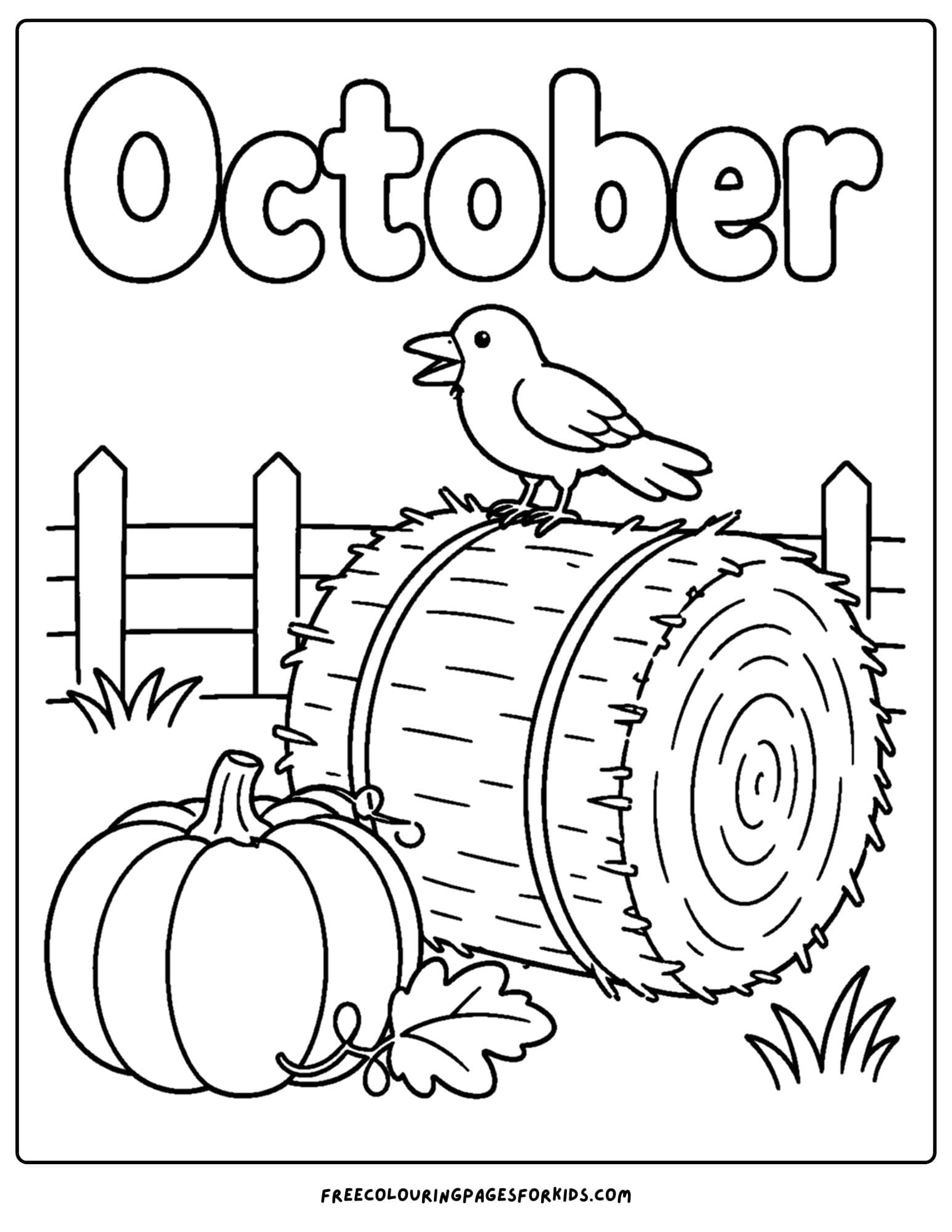 an october themed coloring page showing a hay bale and a pumpkin with a bird