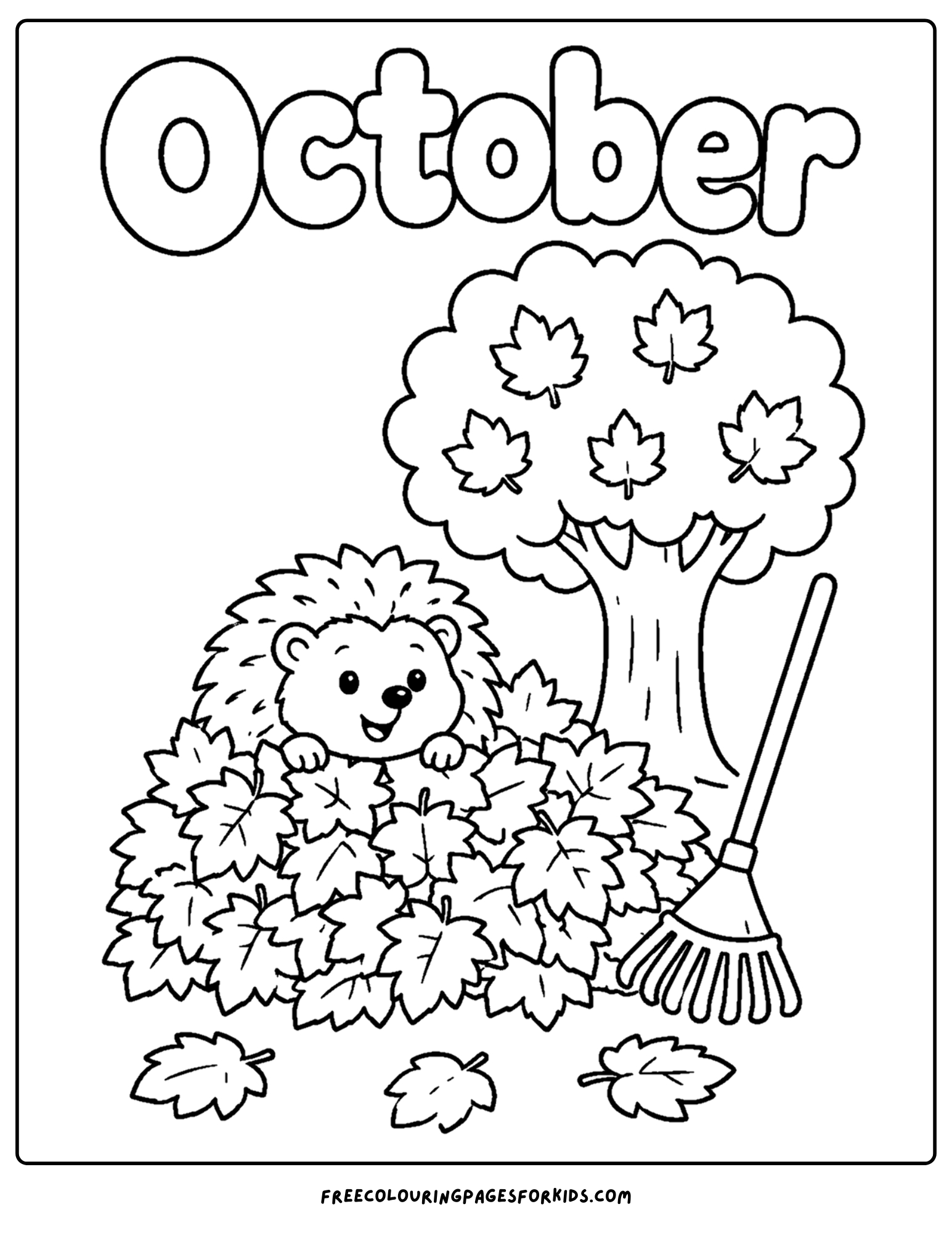 an october themed coloring page showing a hedgehogin a big pile of leaves