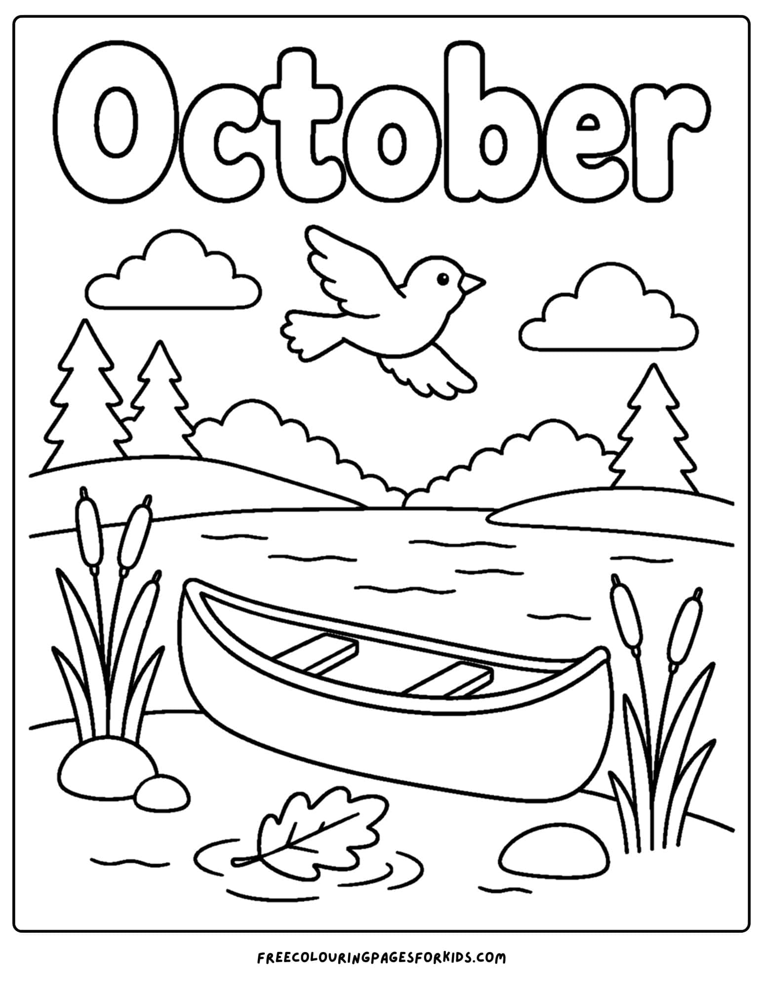 an october themed coloring page showing a canoe beside a lake