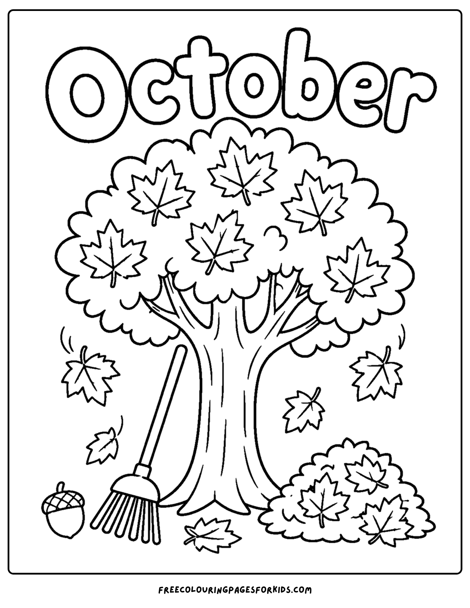 an october themed coloring page showing a maple tree with a pile of leaves on the ground