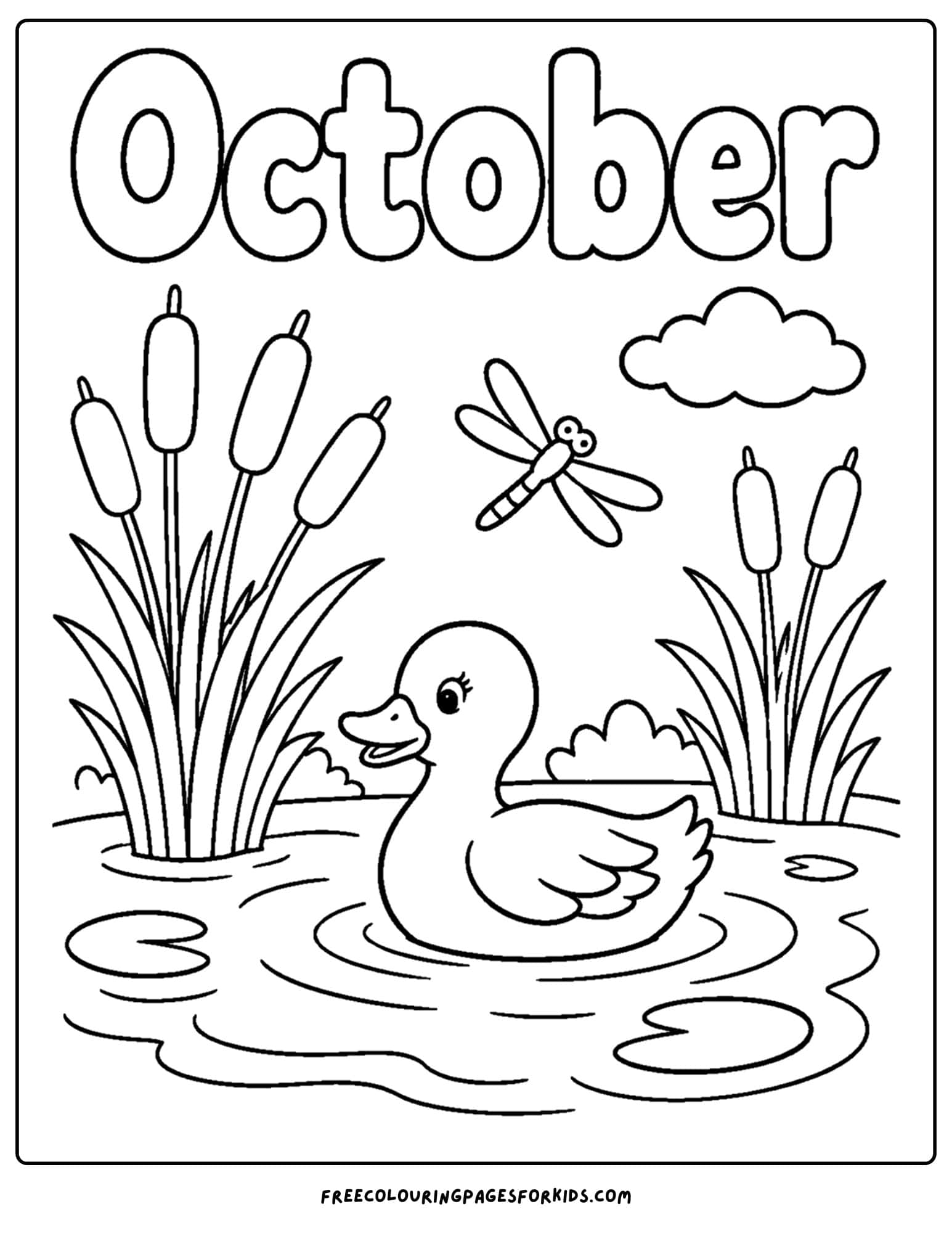 an october themed coloring page showing a duck in a marsh pond