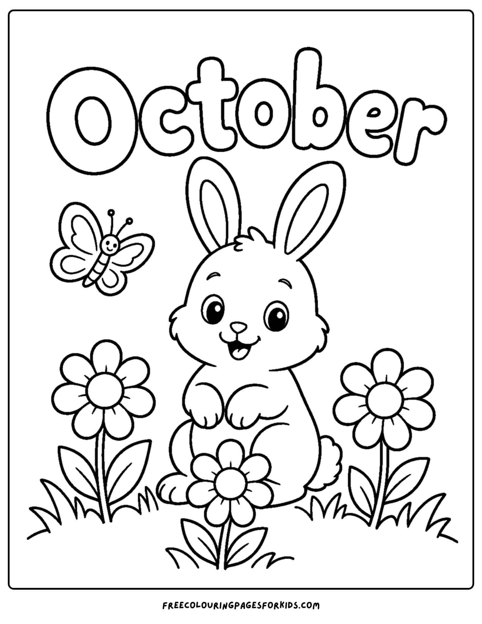 an october themed coloring page showing a bunny in a meadow