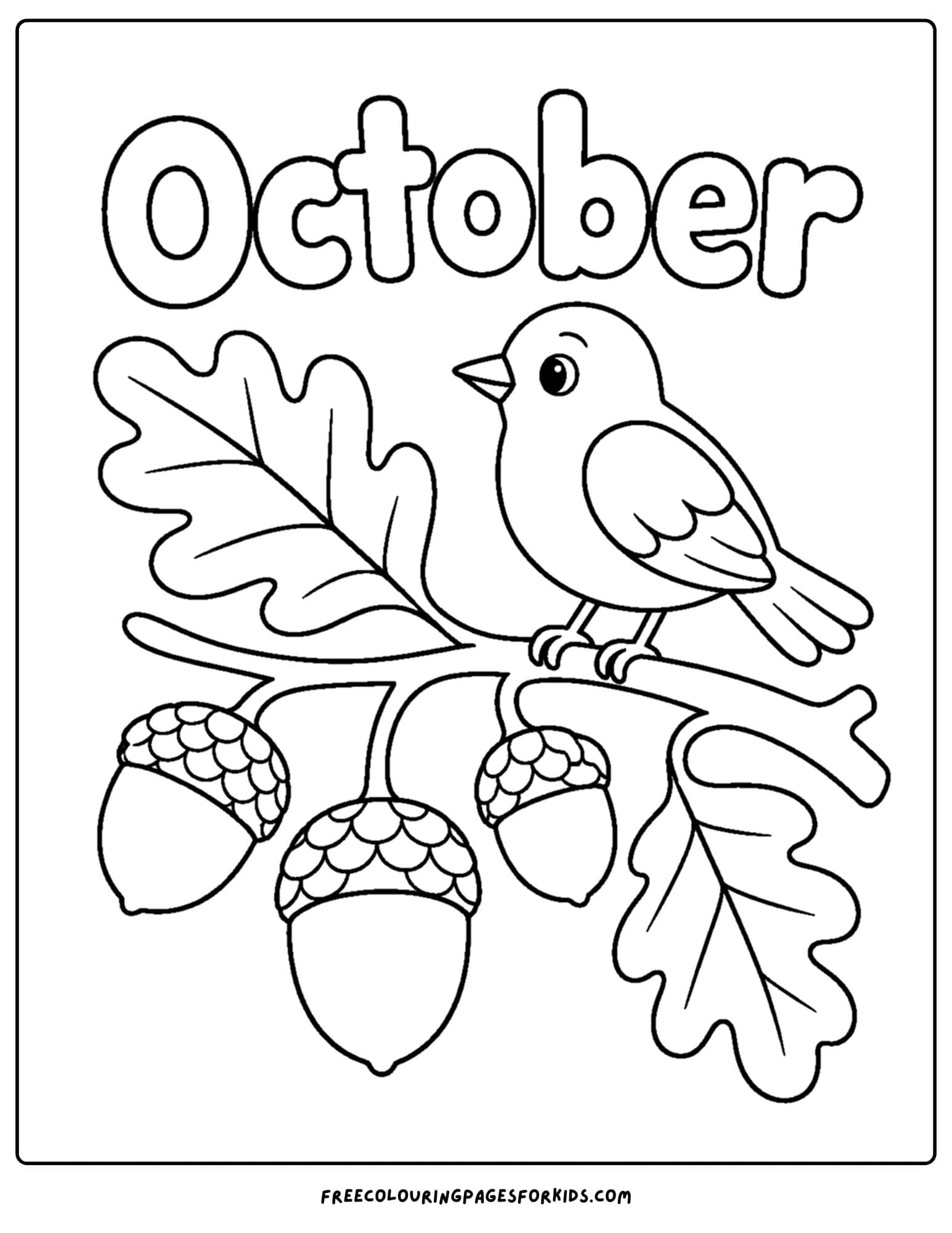 an october themed coloring page showing a bird resting on a oak tree branch
